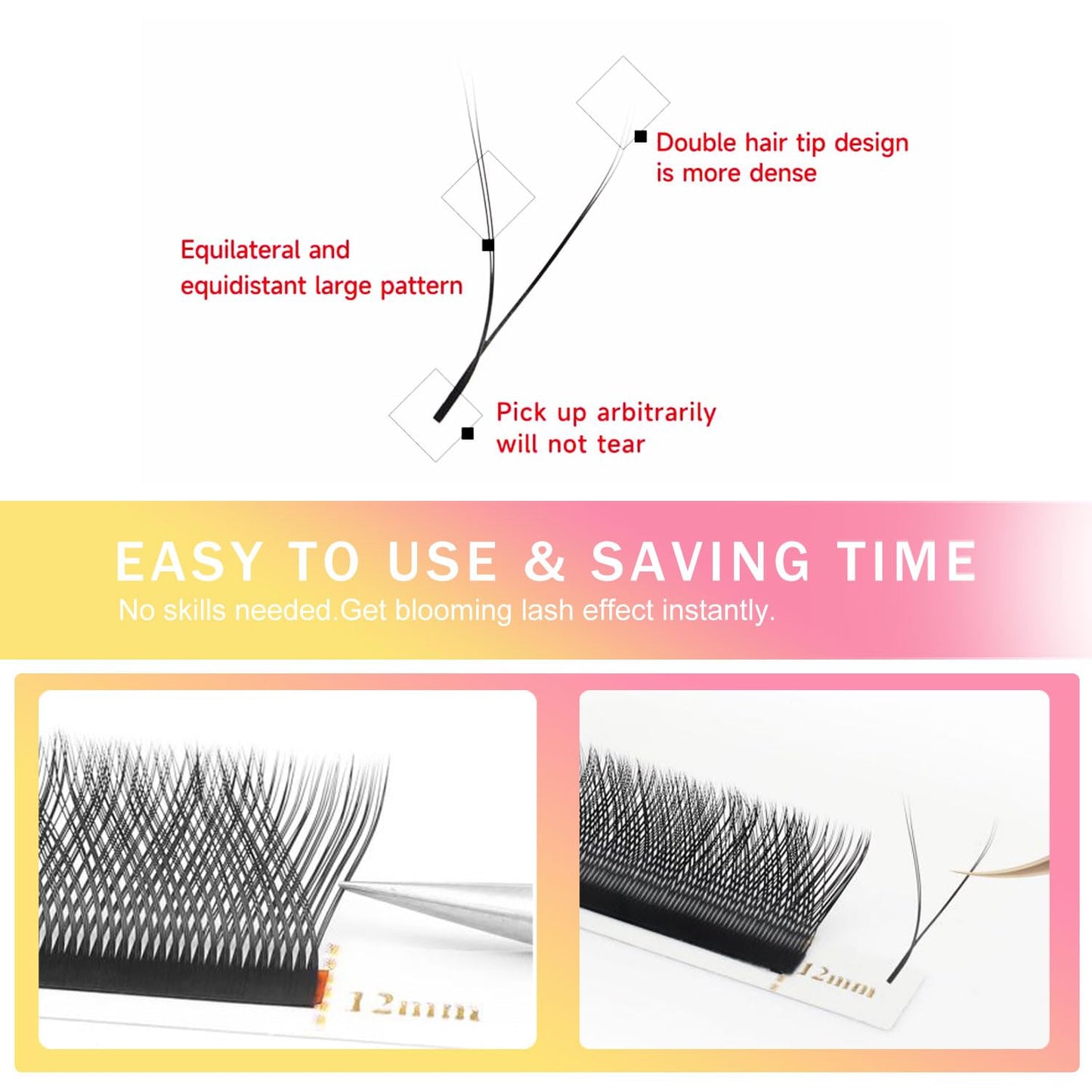 YY Lash Extensions Supplies Y Eyelash Extensions 0.05mm Thickness D Curl 11mm Premade Fans 4D Russian Volume Matte Black 12 Rows Crisscross Eye Lashes(YY-0.05-D,11mm)