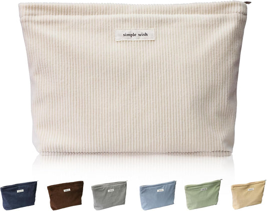 Wudygirl Travel Makeup Bag Large Capacity Cosmetic Bag for Women Corduroy Toiletry Bag Handbags Purses Zipper Pouch(Beige)