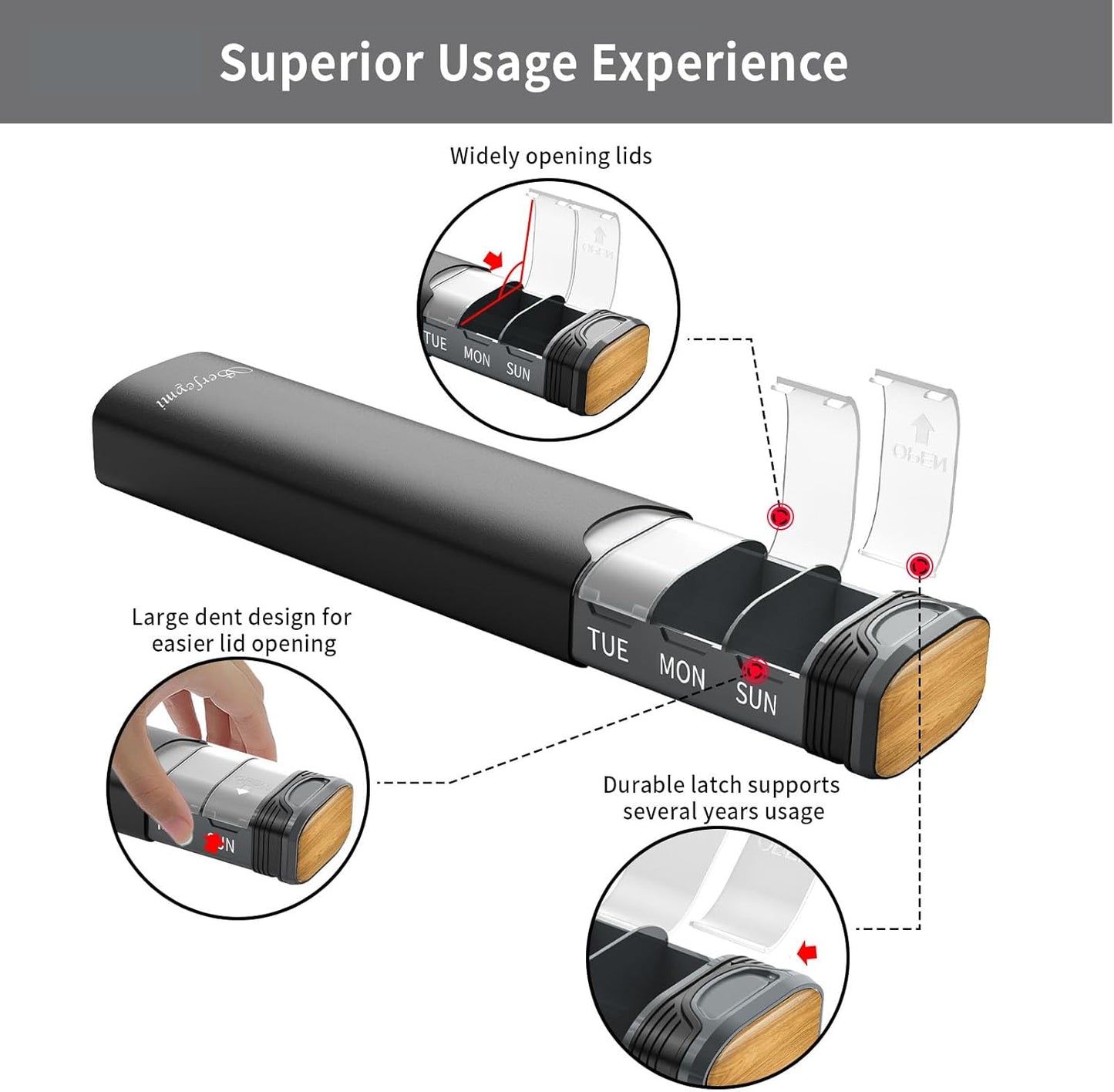 Metal Weekly Pill Organizer, Serfeymi Aluminum Daily Pill Box(Spare Gasket Provided),7 Day Pill Case Travel Medicine Organizer,Pill Containers with Individual Lid for Vitamins,Pills, Supplement-Black