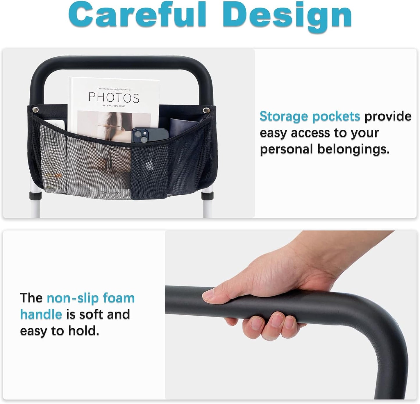 Bed Rails for Elderly Adults Safety Height Adjustable Bed Assist Rail for Seniors Bedside Fall Prevent Grab Bar with Storage Pocket Fits King Queen Full Twin Bed(White)