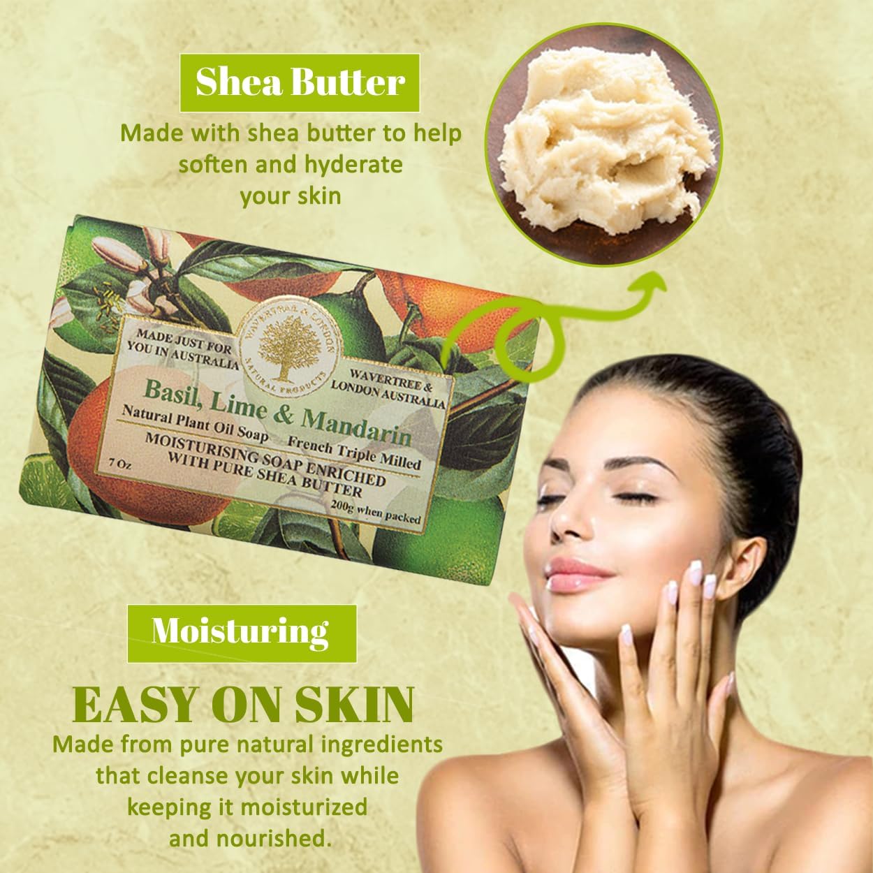 Wavertree & London Basil Lime & Mandarin Scented Natural Soap Bar, 7oz Moisturizing French Triple Milled Soap Bar for Women & Men