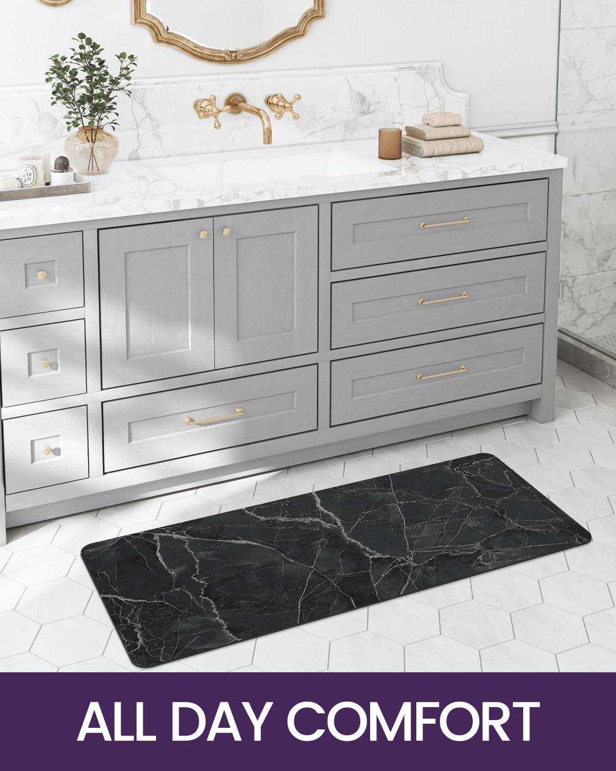 DEXI Bath Mat 17x43, Non Slip Quick Dry Rugs, Super Absorbent Ultra Thin Marble Bathmat, Washable Rubber Mats for Shower Floor, in Front of Bathtub, Sink, Bathroom Accessories Decor, Black