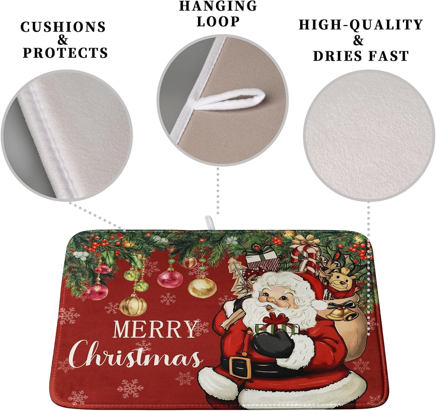 Merry Christmas Dish Drying Mat Santa Claus Kitchen Drainer Mats Microfiber Absorbent Winter Xmas Holiday Dishes Pad Reusable Dish Rack Mat for Countertop Tableware Decor 16x18 Inch