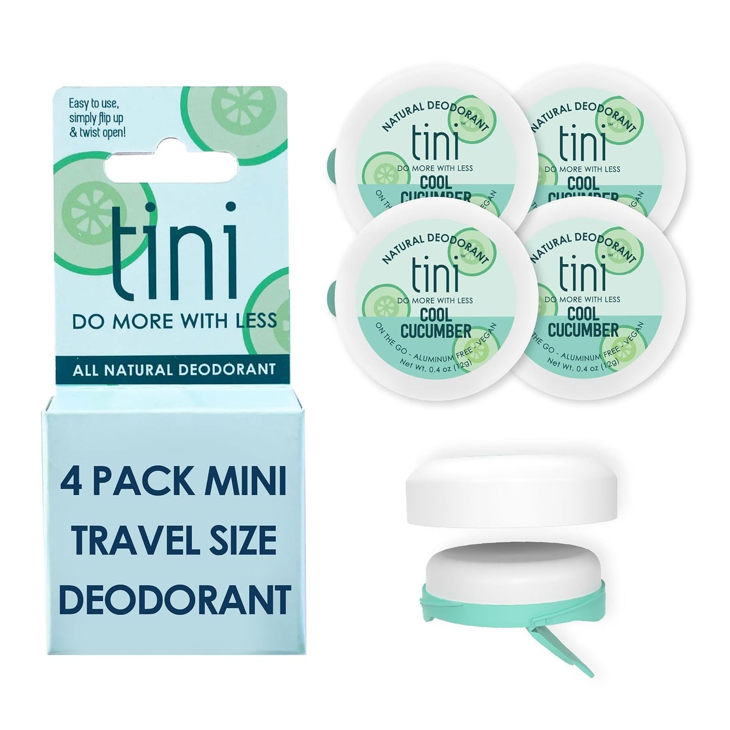 Tini Naturals Mini Travel Size Deodorant, Unisex Aluminum Free Deodorant with Coconut Oil & Shea Butter, 0.4oz each (4 Pack), Cool Cucumber Scent