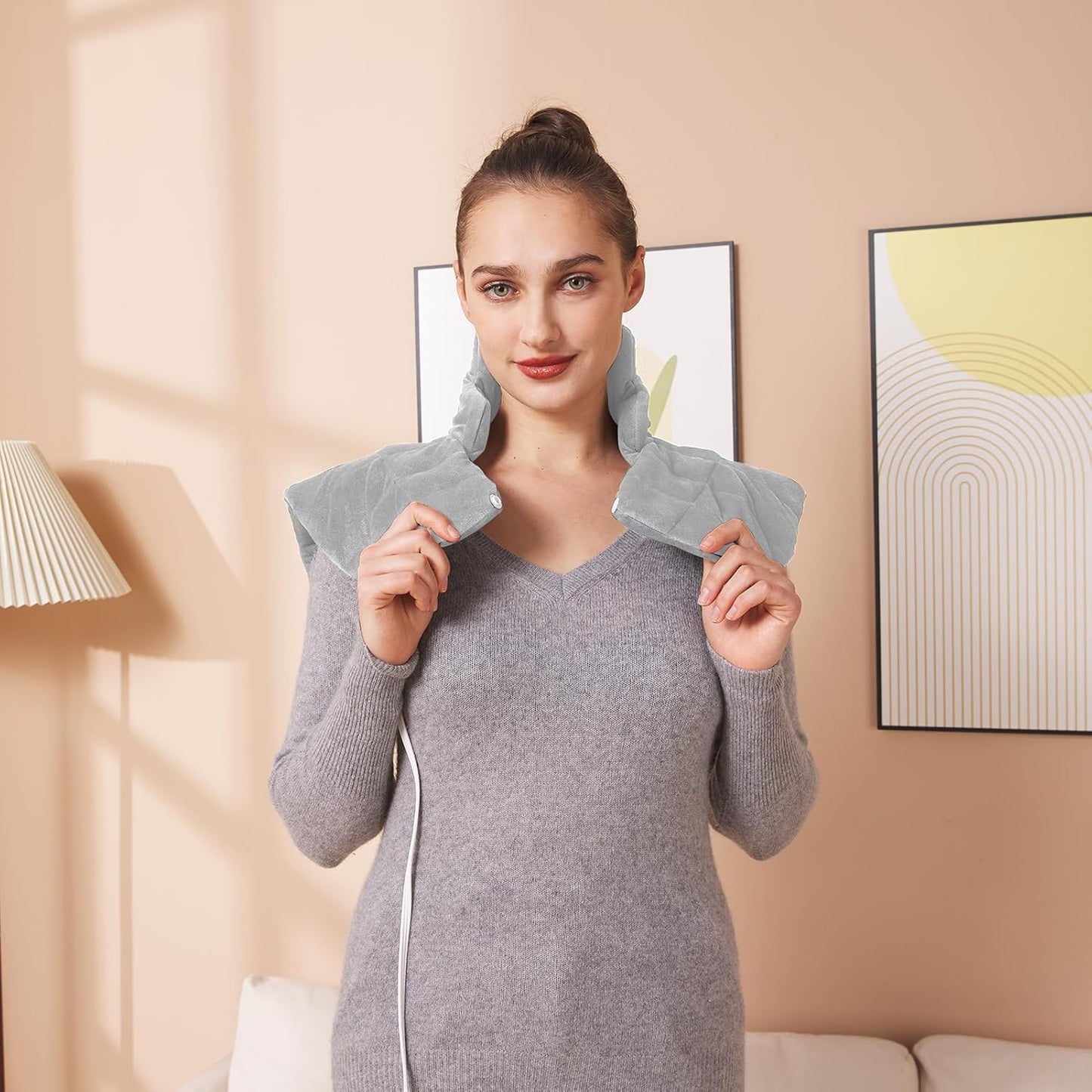 Ambershine 19''x24'' Weighted Neck & Shoulder Heating Pad, 2.5lbs with 12 Temperature Settings& 4 Auto-Off Timers, Pain Relief for Neck/Shoulder/Back, Christmas Gifts for Women Men Mom Dad(Light Gray)