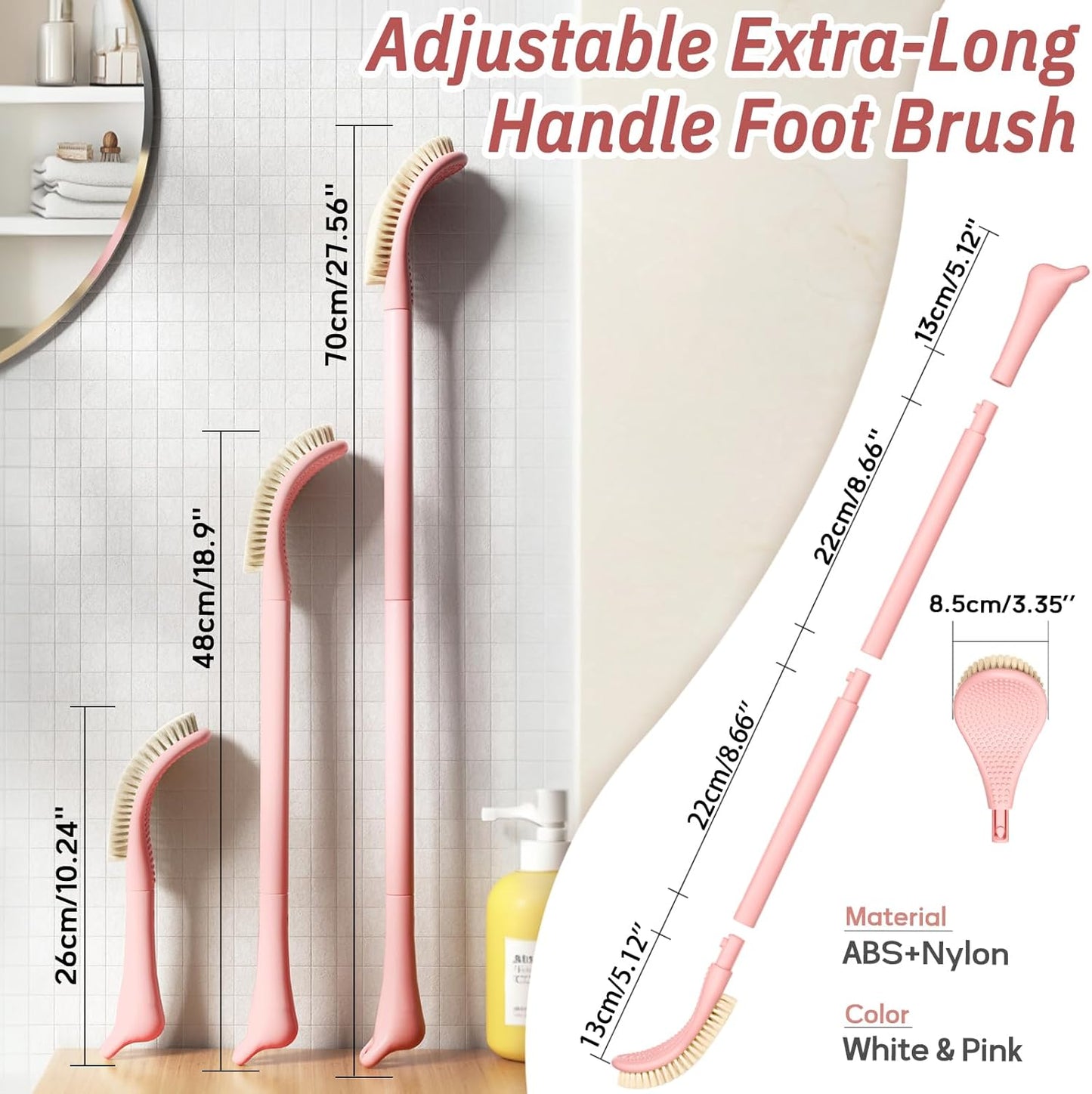 Foot Brush/Foot File/Silicone Body Scrubber Set(3PCS), 3-in-1 Foot Scrubber with Long Handle, 10.2’’-27.5’’Adjustable Foot Scrub Brush with Foot File and Silicone Loofah, Gift-Box(Pink Set)