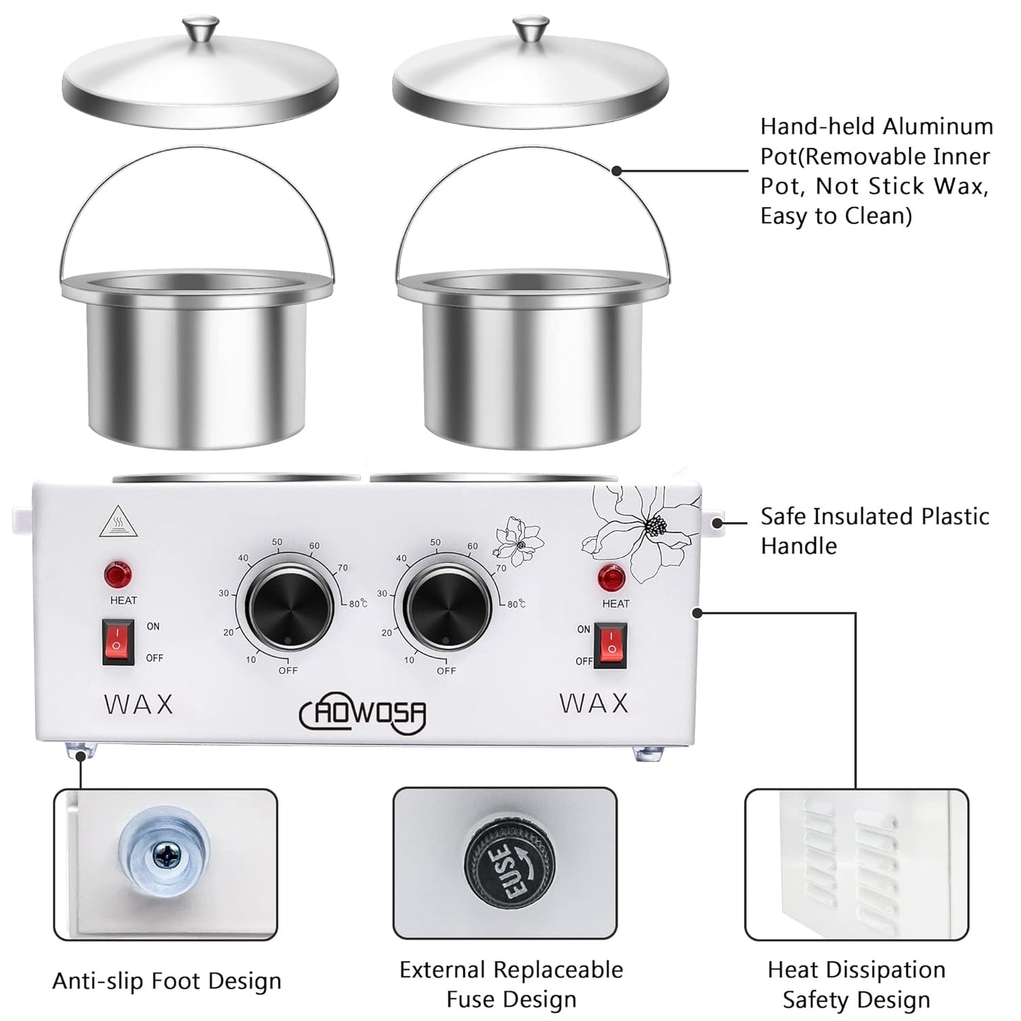 Double Wax Warmer Professional Electric Wax Heater Machine for Hair Removal, Dual Waxing Pot Paraffin Facial Skin Body SPA Salon Equipment with Adjustable Temperature Set