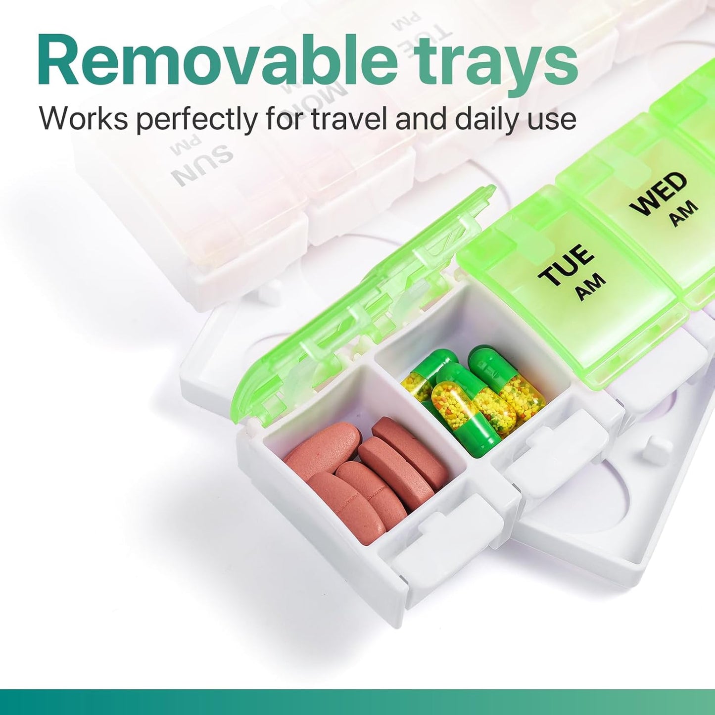 Sukuos AM PM Weekly Pill Organizer 7 Day, 2 Times A Day Medicine Pill Box with Easy Push Button, BPA Free Vitamin Cases for Fish Oil/Supplements, Easy to Clean (Yellow&Green)