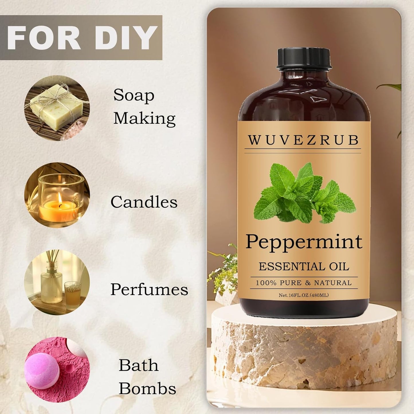 Peppermint Essential Oils 480ML- Pure and Natural Peppermint Essential Oil for Aromatherapy Diffuser,Soap Making & DIY - Peppermint /16 Fl Oz