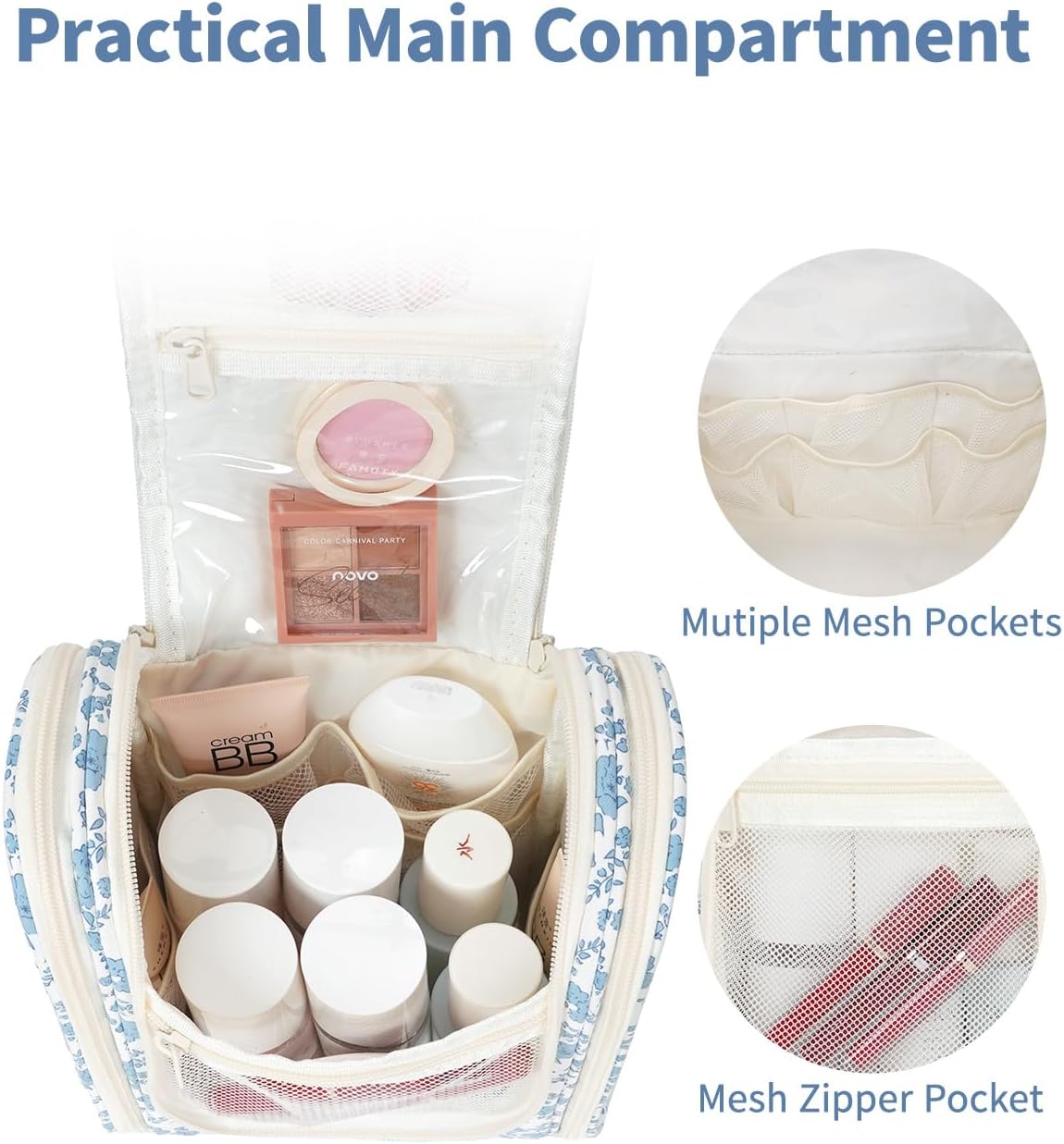 Narwey Hanging Toiletry Bag Women Travel Makeup Bag Organizer Toiletries Bag for Travel Size Essentials Accessories Cosmetics (Medium,Little Blue Flower)