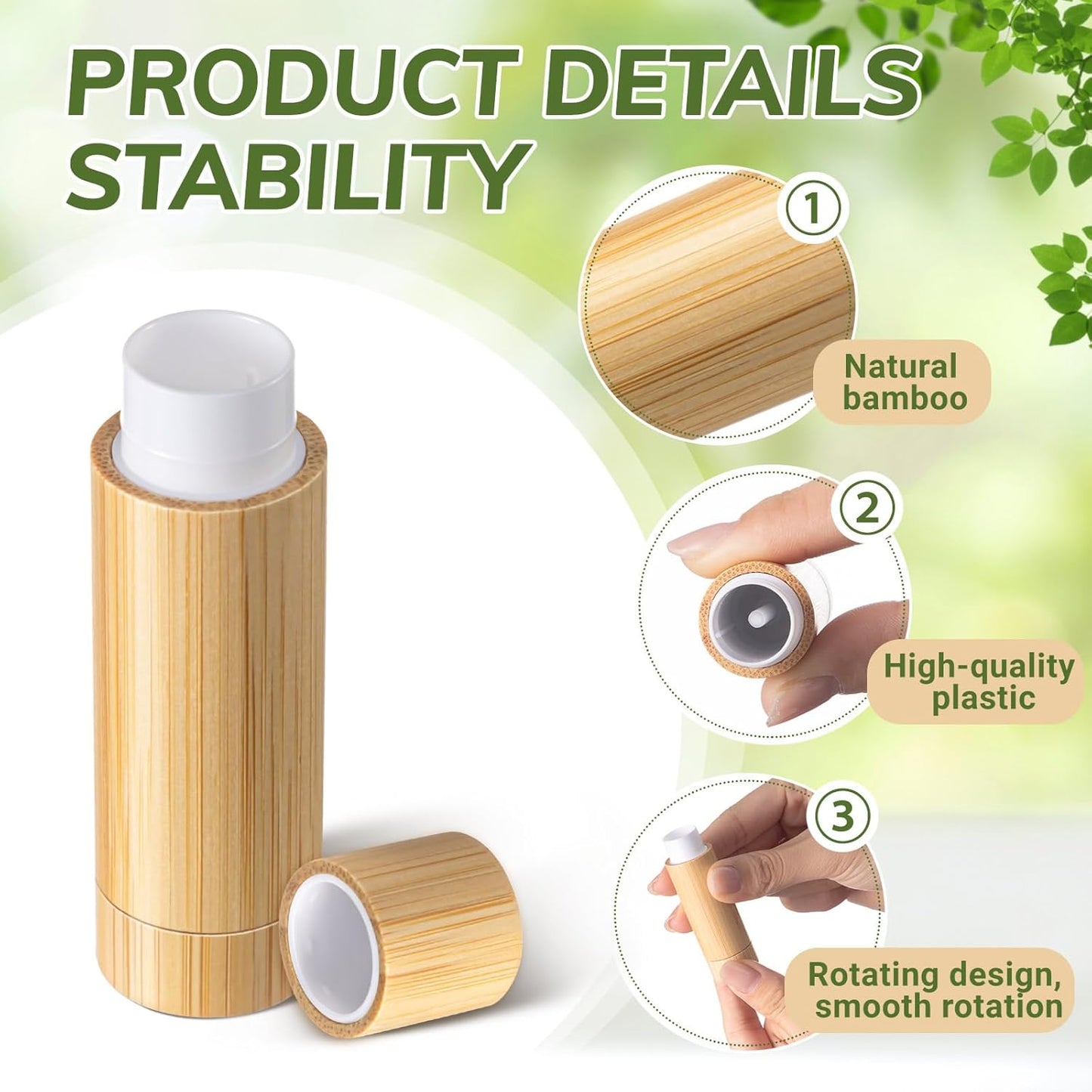 Leinuosen 24 Pcs Bamboo Empty Lipstick Tubes, Refillable 5g Lip Balm Containers with Rotable Plastic Inner for Women Girl DIY Cosmetic Lip Gloss Tubes for Lipstick, Deodorant, Solid Perfume, Makeup