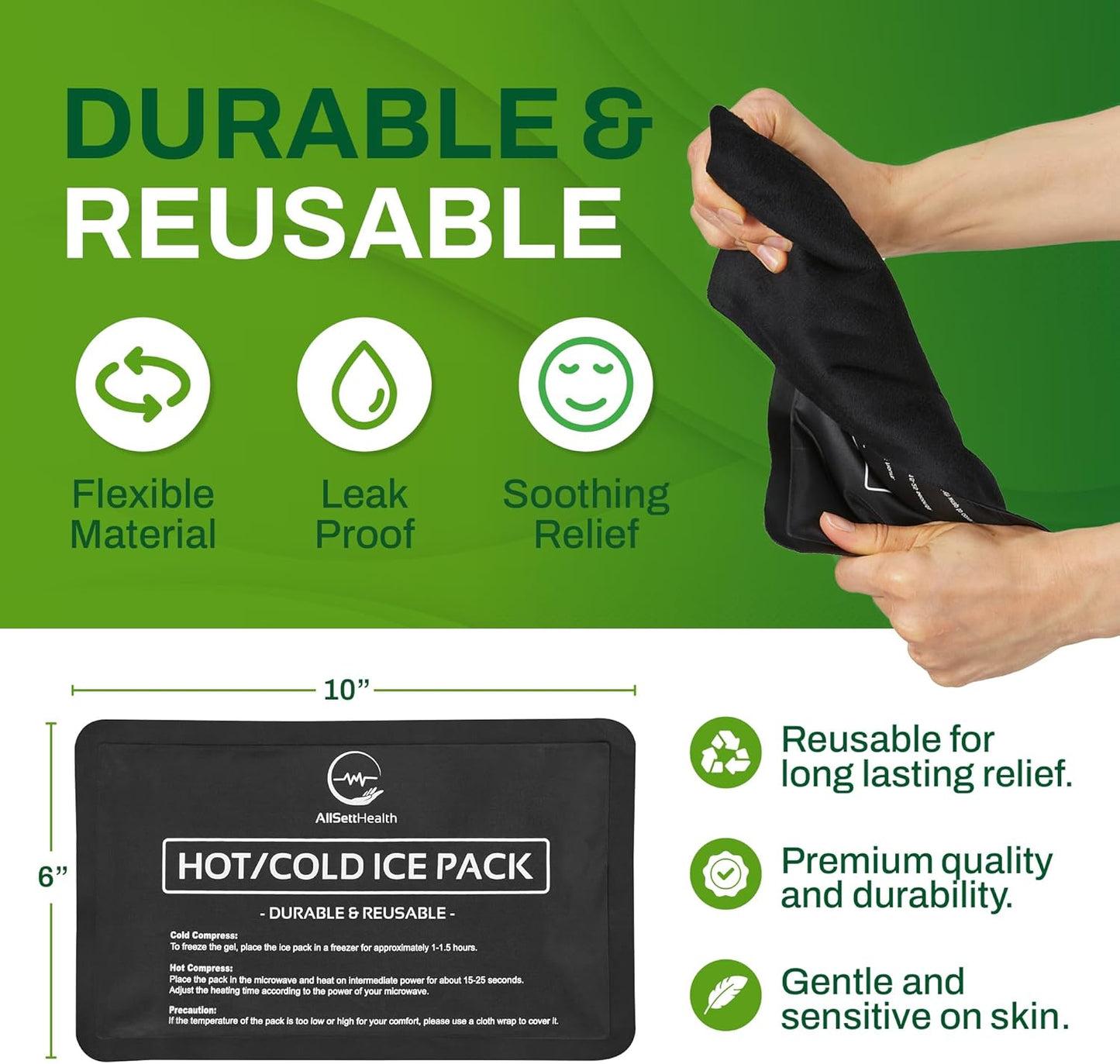 2 Pack Reusable Ice Packs for Injuries - Soft Ice Pack with Velvet Soft Fleece Fabric | Flexible Hot and Cold Gel Ice Pack Set- Cold Packs for Injuries, Knee, Back, Neck Pain - 10 x 6, Black