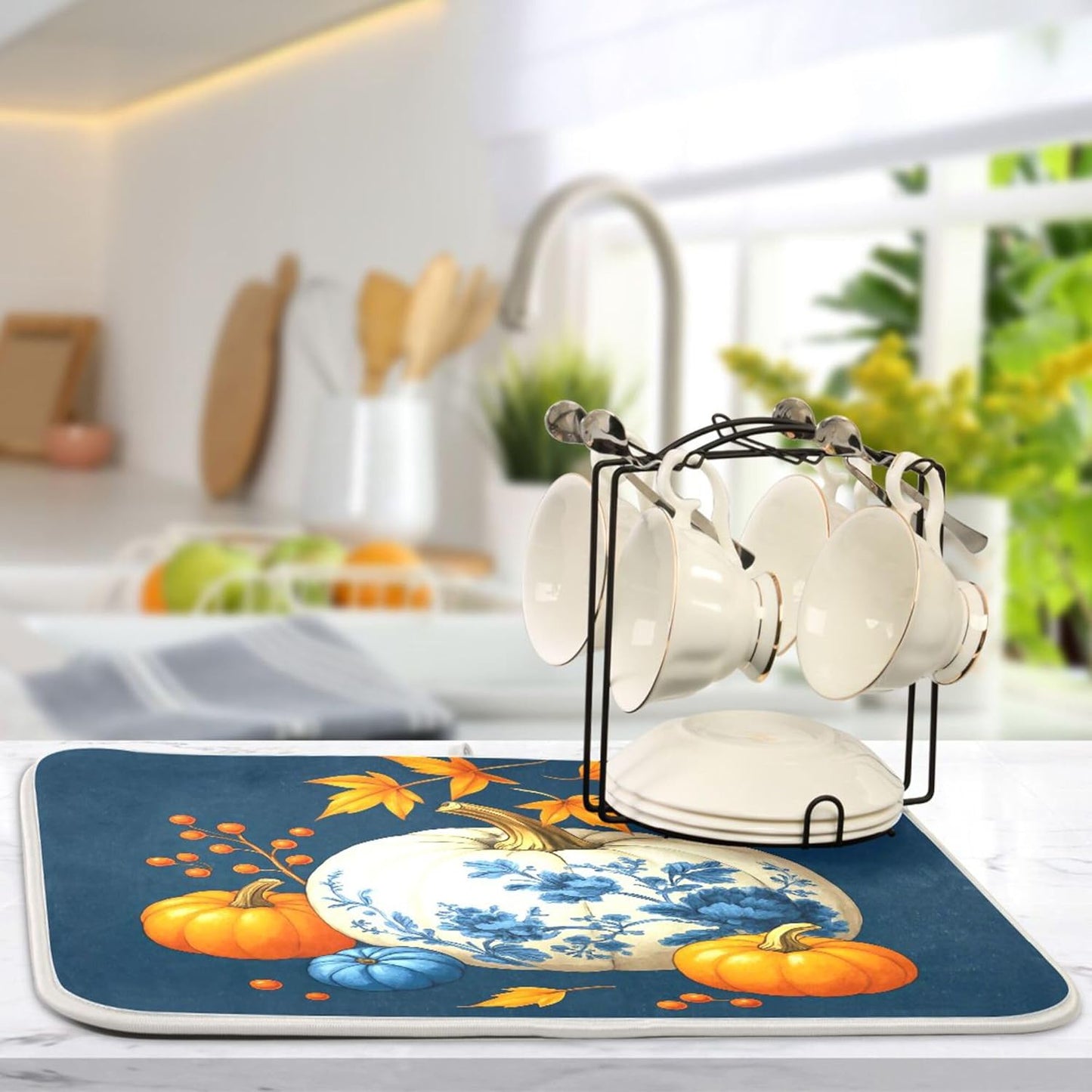 Pumpkin Porcelain Blue White Dish Drying Mat for Kitchen Countertop 18x24 Fall Maple Leaves Thanksgiving Day Large Drying Mat Reusable Quick Dry Dish Sink Mats Easy Clean Autumn Decorative Essentials