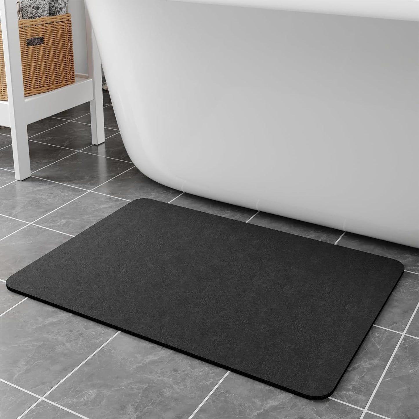Diatomaceous Earth Bath Mat - 24x17, Quick Dry Absorbing Rubber Non Slip Thin Bathroom Rug, Fit Under Door, For Bathroom Floor, Tub, Shower, Sink, Dark Grey