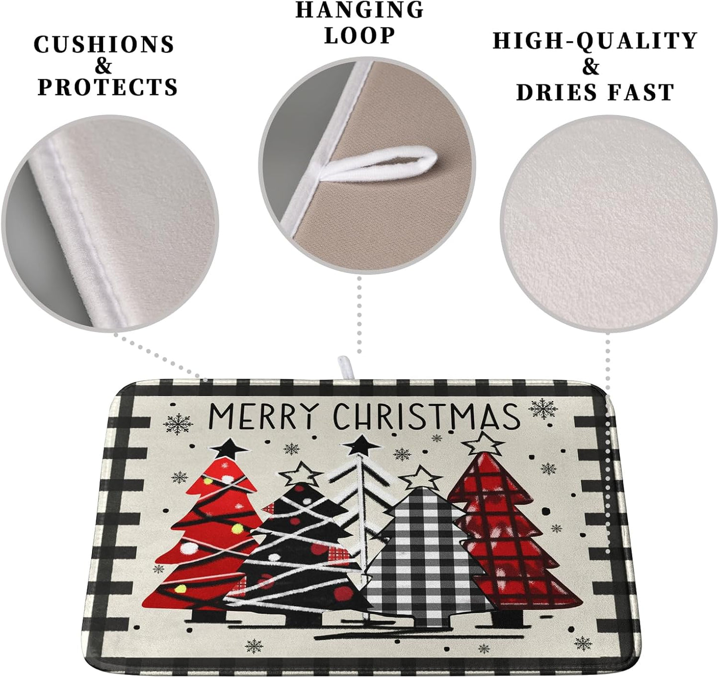 Christmas Trees Kitchen Dish Drying Mat 18x24 Inch Merry Christmas Black White Buffalo Plaid Dish Drainer Mat Absorbent Reversible Microfibe Drying Dish Pad for Winter Kitchen Counter Decor