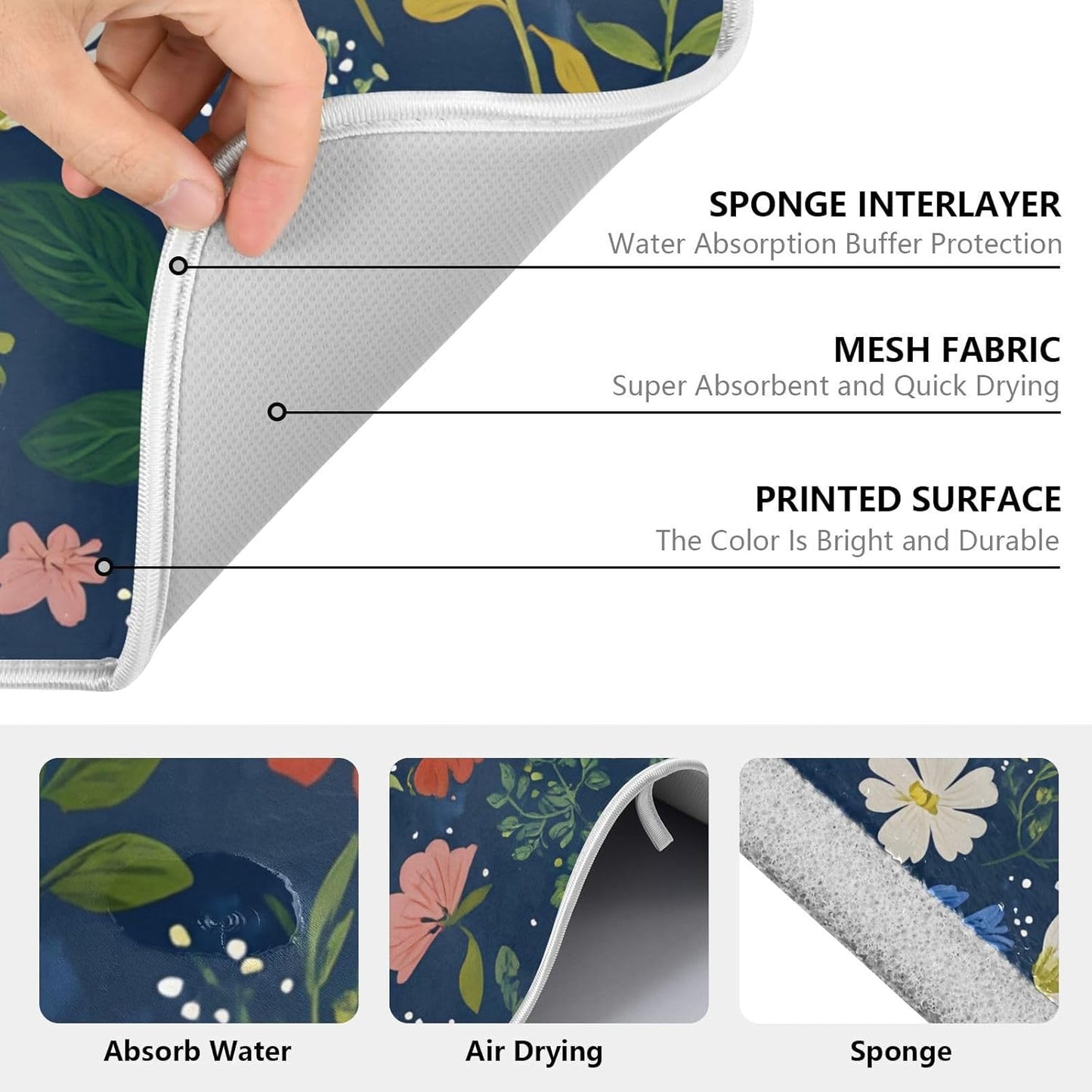 Wildflowers Dark Blue Dish Drying Mats for Kitchen Counter, 18x24 inch Drying Dishes Absorbent Microfiber Dish Drainer Mat Rack Pad Fast Dry