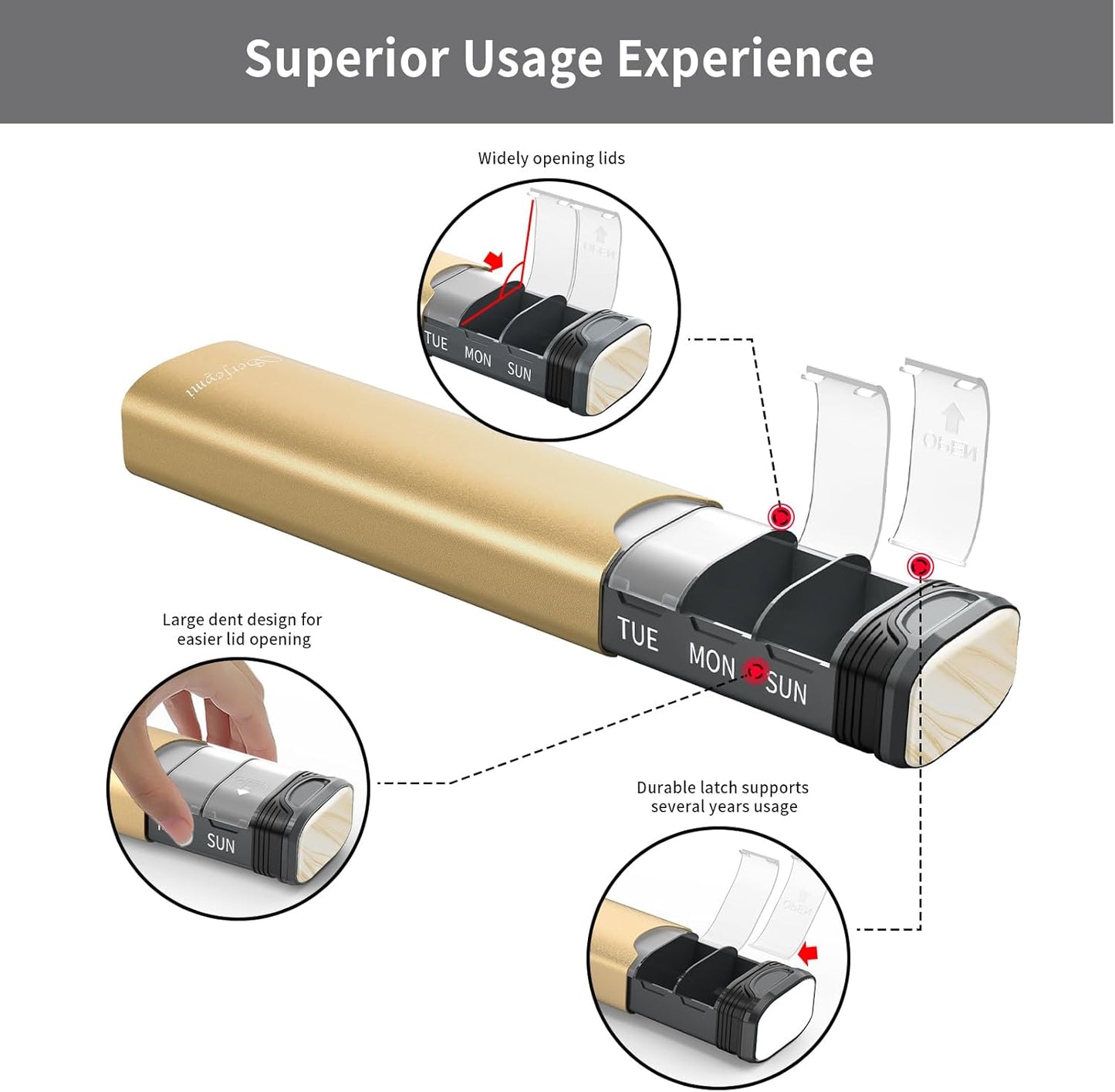 Metal Weekly Pill Organizer, Serfeymi Aluminum Daily Pill Box(Spare Gasket Provided),7 Day Pill Case Travel Medicine Organizer,Pill Containers with Individual Lid for Vitamins,Pills, Supplement-Gold