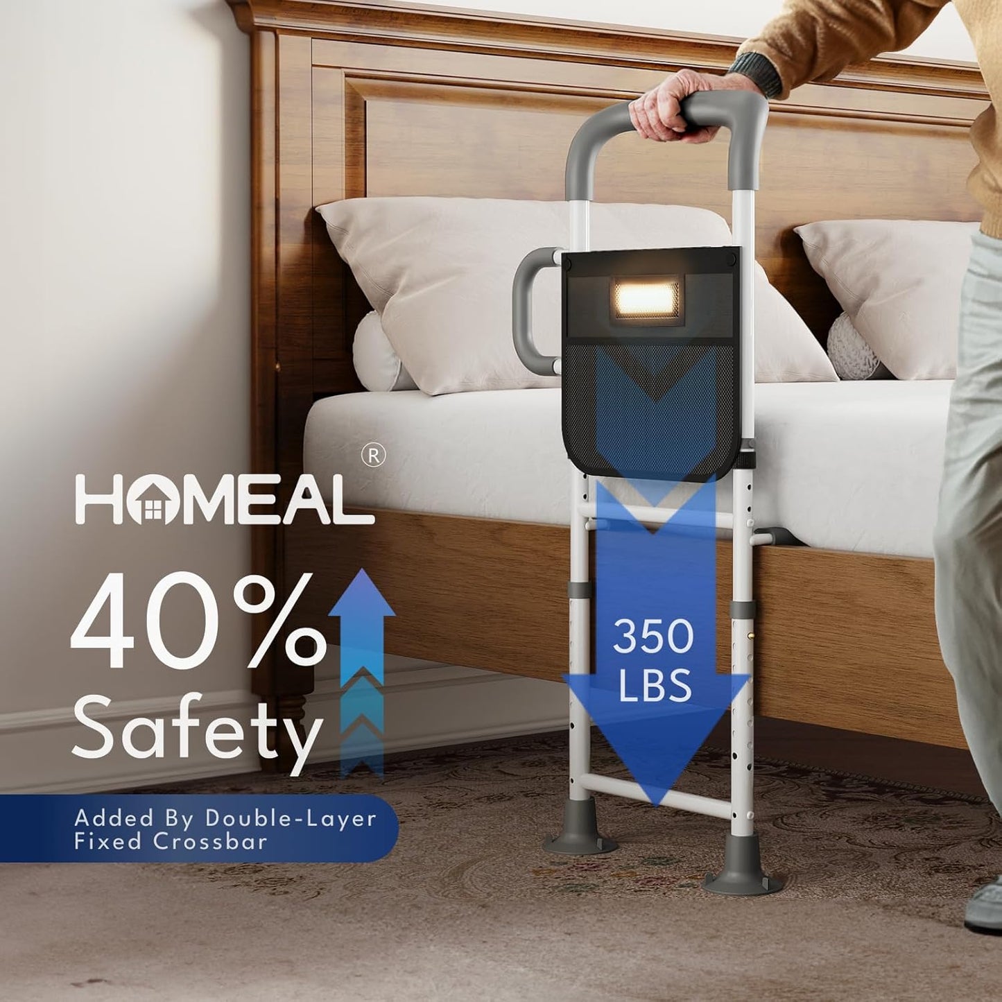 HOMEAL Bed Rails for Elderly Adults Safety, ASTM Approved Adjustable Bedside Assist Rail for Seniors, Non-Slip Ergonomic Handle & Reinforced Support Bar, 350lb Tested, Motion Light & Fixing Strap(Grey