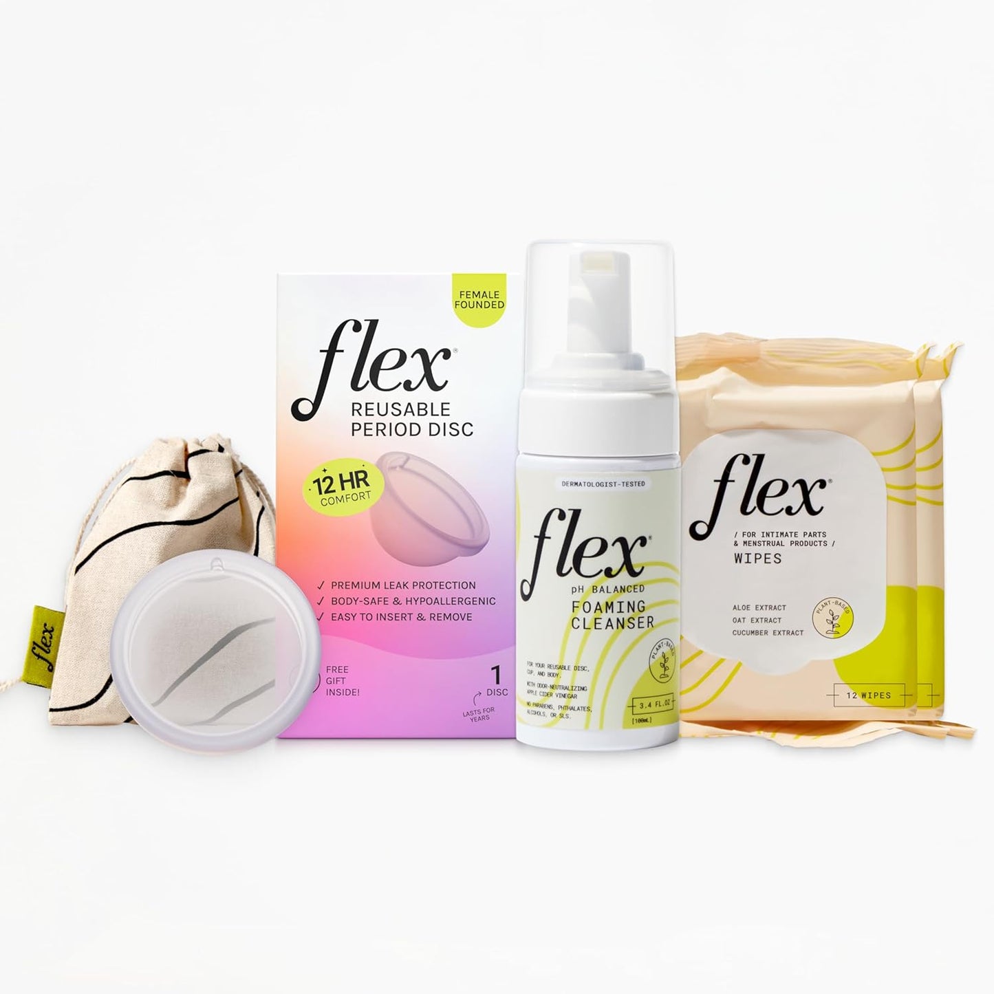 Flex Reusable Disc Starter Bundle | Reusable Menstrual Disc with Flex Wash and 2 Packs Wipes