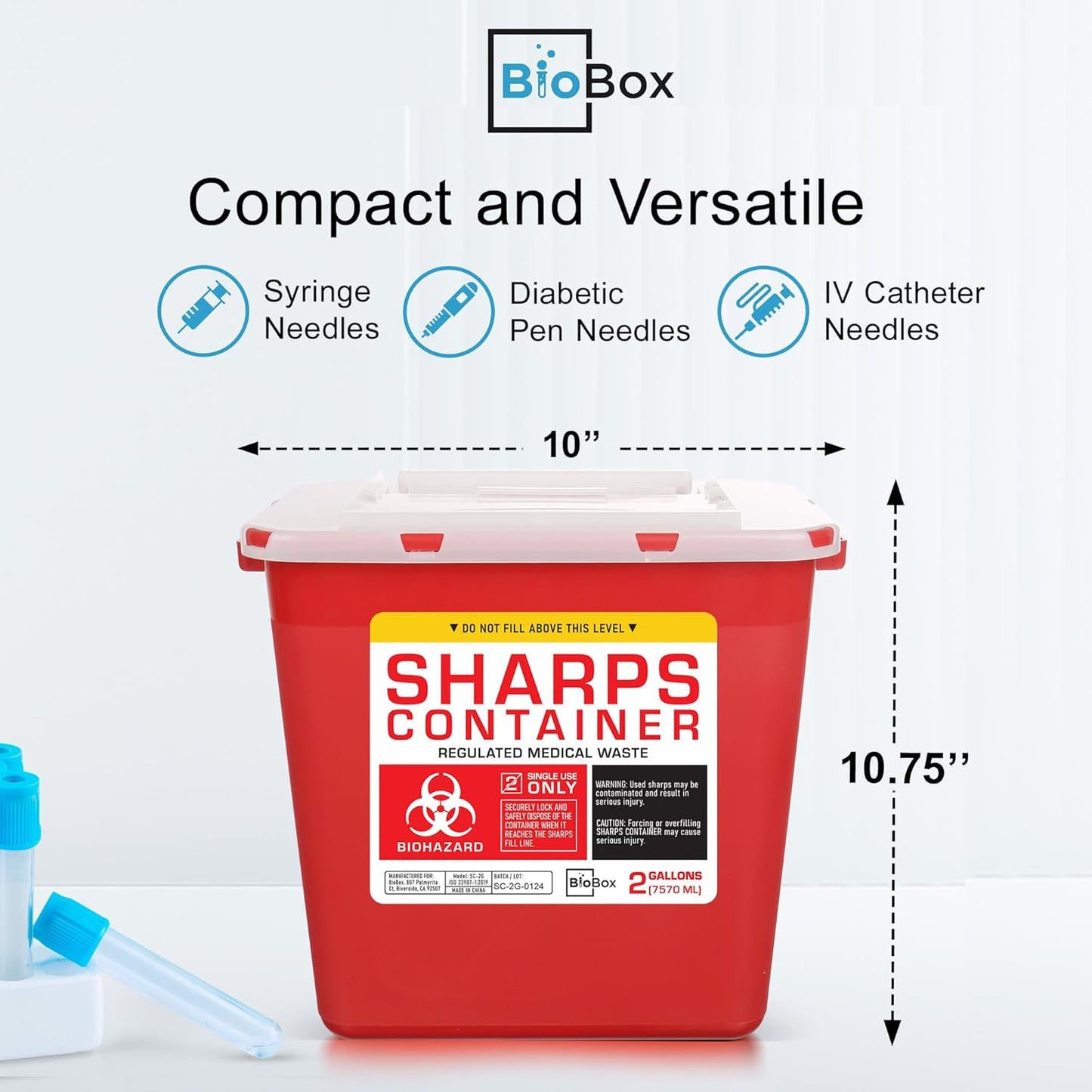 Sharps Container Large - Sharps Containers for Home Use and Labs - Portable Needle Disposal and Travel Size Biohazard Bin - 2 Gallon (Pack of 1)