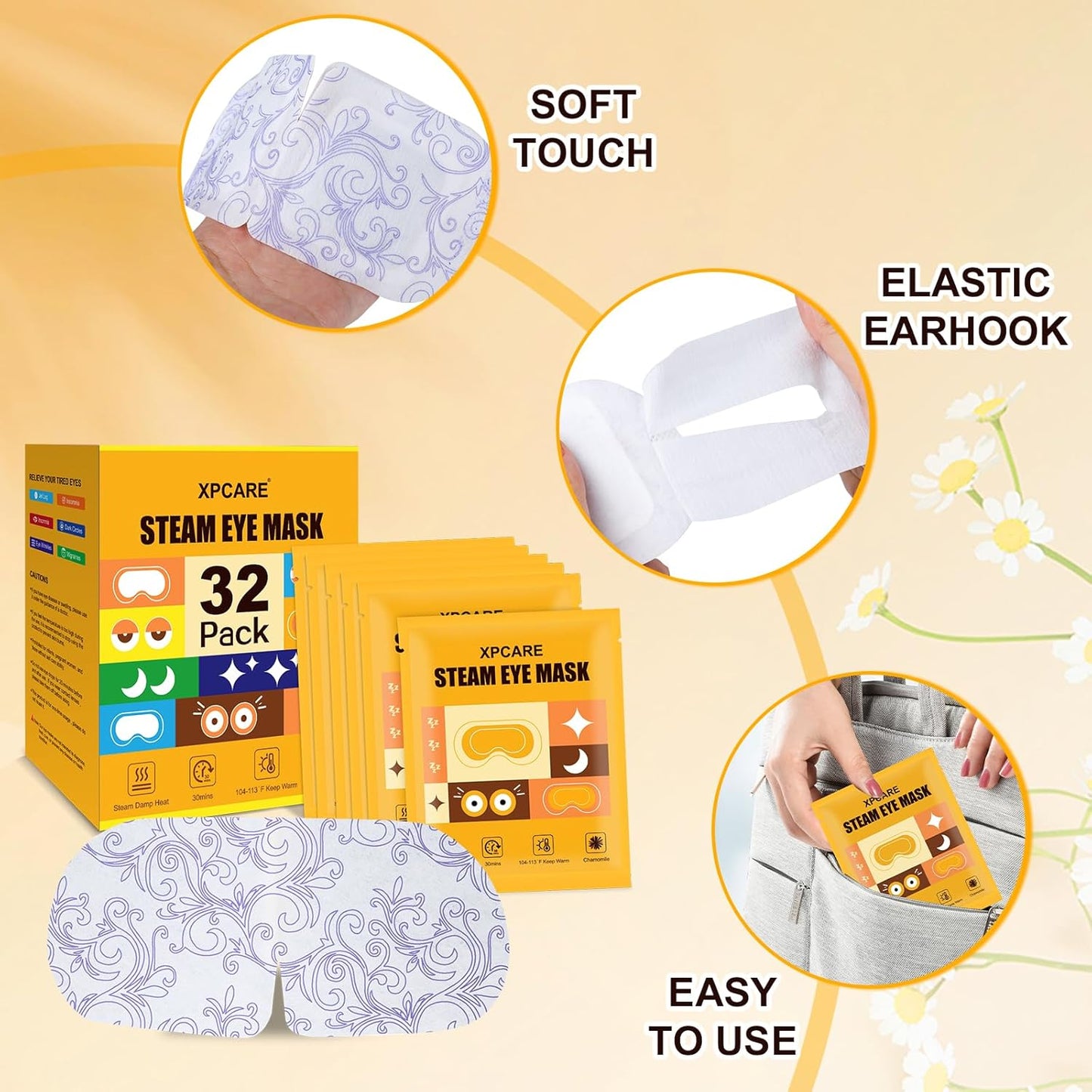 XPCARE 32 Pack Steam Eye Masks for Dry Eyes, SPA Warm Sleep Eye Mask, Disposable Heated Eye Mask for Dark Circles, Puffy Eyes, Relief Stress Eye Fatigue(Chamomile)