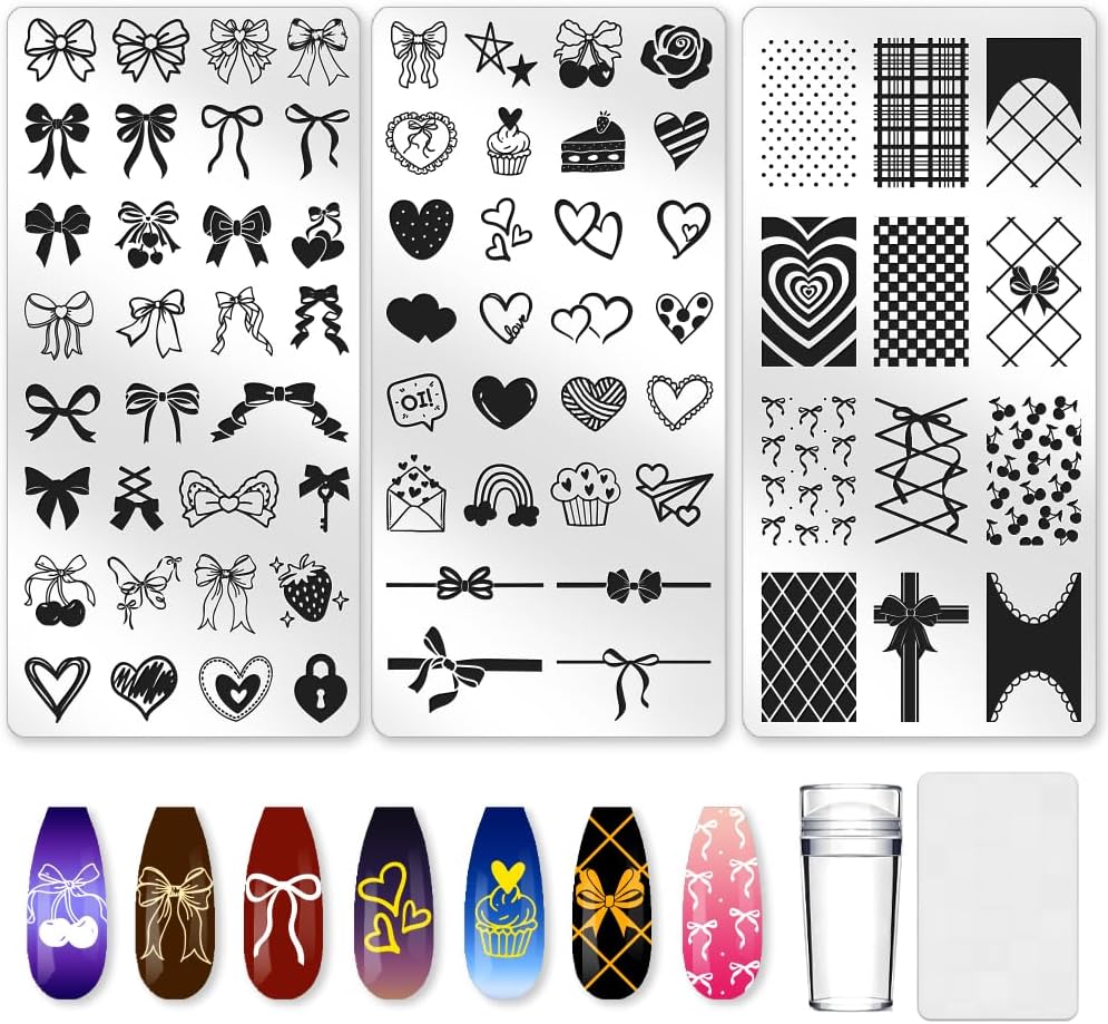3Pcs Bow Nail Stamping Plate Set Girly Elements Romantic Heart Shape Stainless Steel Nail Stamp Templates Clear Silicone Nails Stamping with Stamper Scraper for Manicure Printing