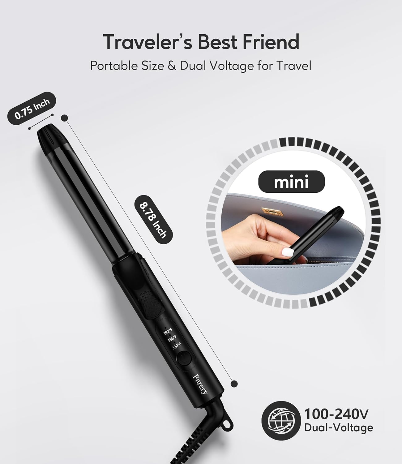 Mini Curling Iron Dual Voltage, 3/4 Inch Travel Curling Iron with 3 Adjustable Temperature, Ceramic Mini Hair Curler with Argan Oil & Keratin Infused, Travel Size Curling Wand with Storage Bag