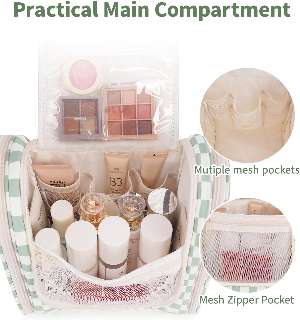 Narwey Checked Hanging Travel Toiletry Bag for Women, Travel Bag for Toiletries, Makeup Bag Organizer Cosmetic Bags Make Up Bags for Women (Mint Green Checkerboard)