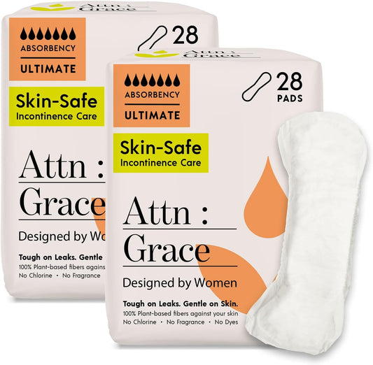 Attn: Grace Ultimate Incontinence Pads for Women, 2-Pack Adult (56 Total, 28/Pack) - High Absorbency, Breathable, Plant-Based - Overnight Pads for Heavy Bladder Leaks & Sensitive Skin