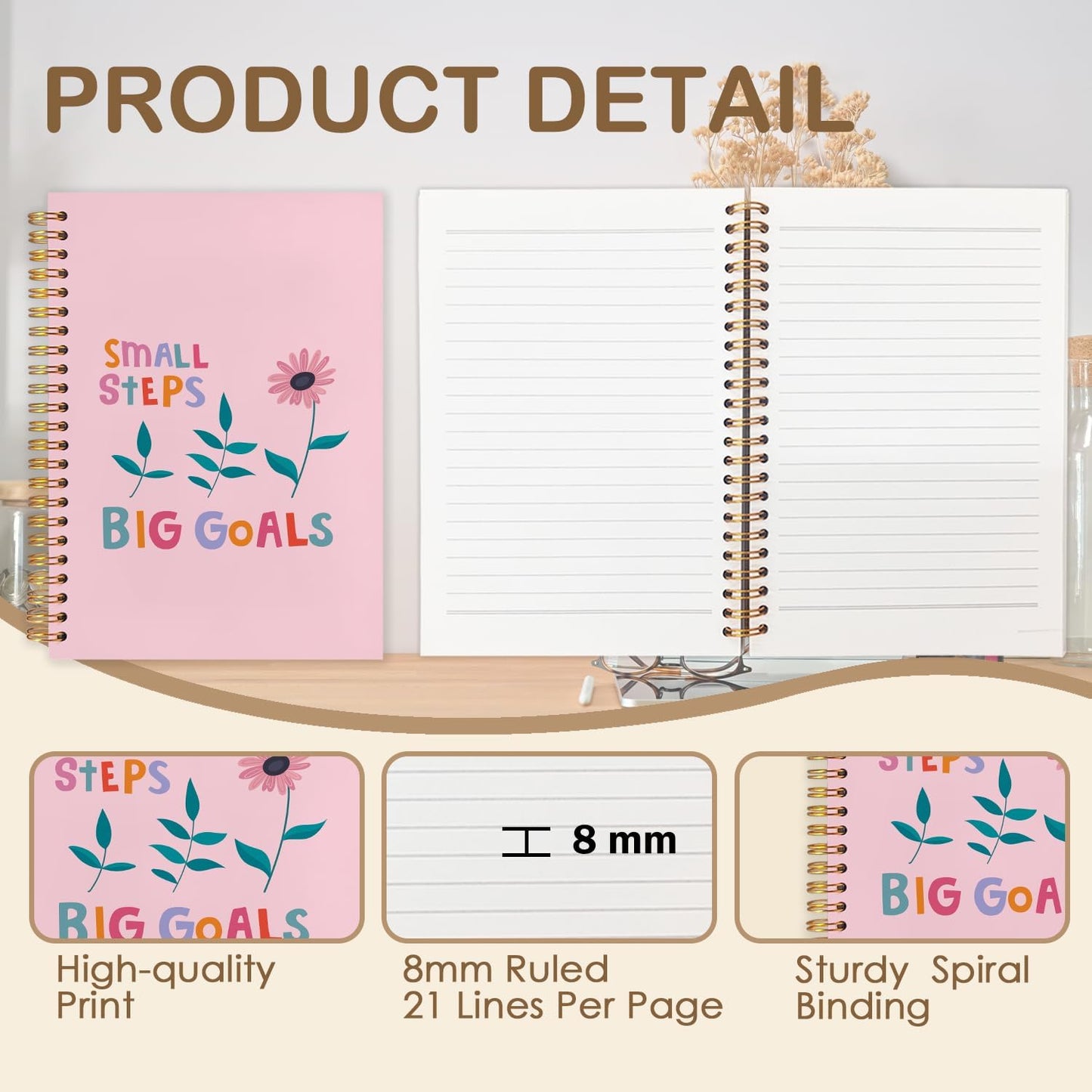 Pink Floral Inspirational Spiral Journal Notebook 5.5x8.3in, Small Steps Big Goals Mental Health Journal for Women, Motivational Notebooks for Note Taking, Pink Flower Hardcover Notebook