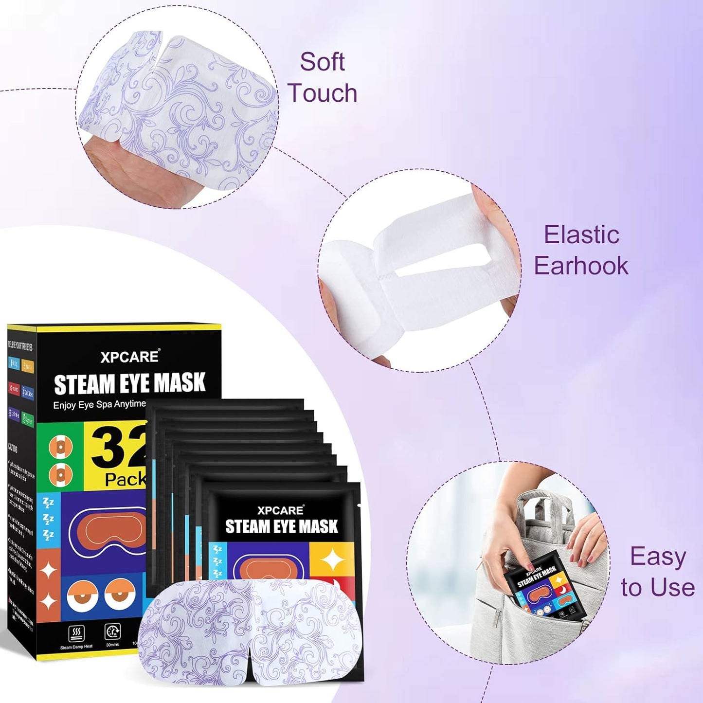 XPCARE 32 Pack Steam Eye Masks for Dry Eyes, SPA Warm Sleep Eye Mask, Disposable Heated Eye Mask for Dark Circles, Puffy Eyes, Relief Stress Eye Fatigue(Unscented)