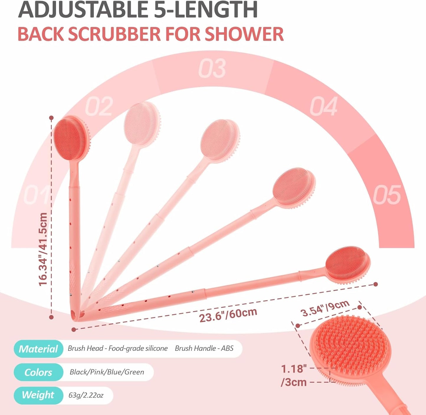Adjustable Silicone Back Scrubber for Shower, 16''-24'' Extendable Shower Back Scrubber for Rich Foam, 5-Length Back Brush Bath Brush with Dual-Side Head and Super-Lathering Bristles(Pink)
