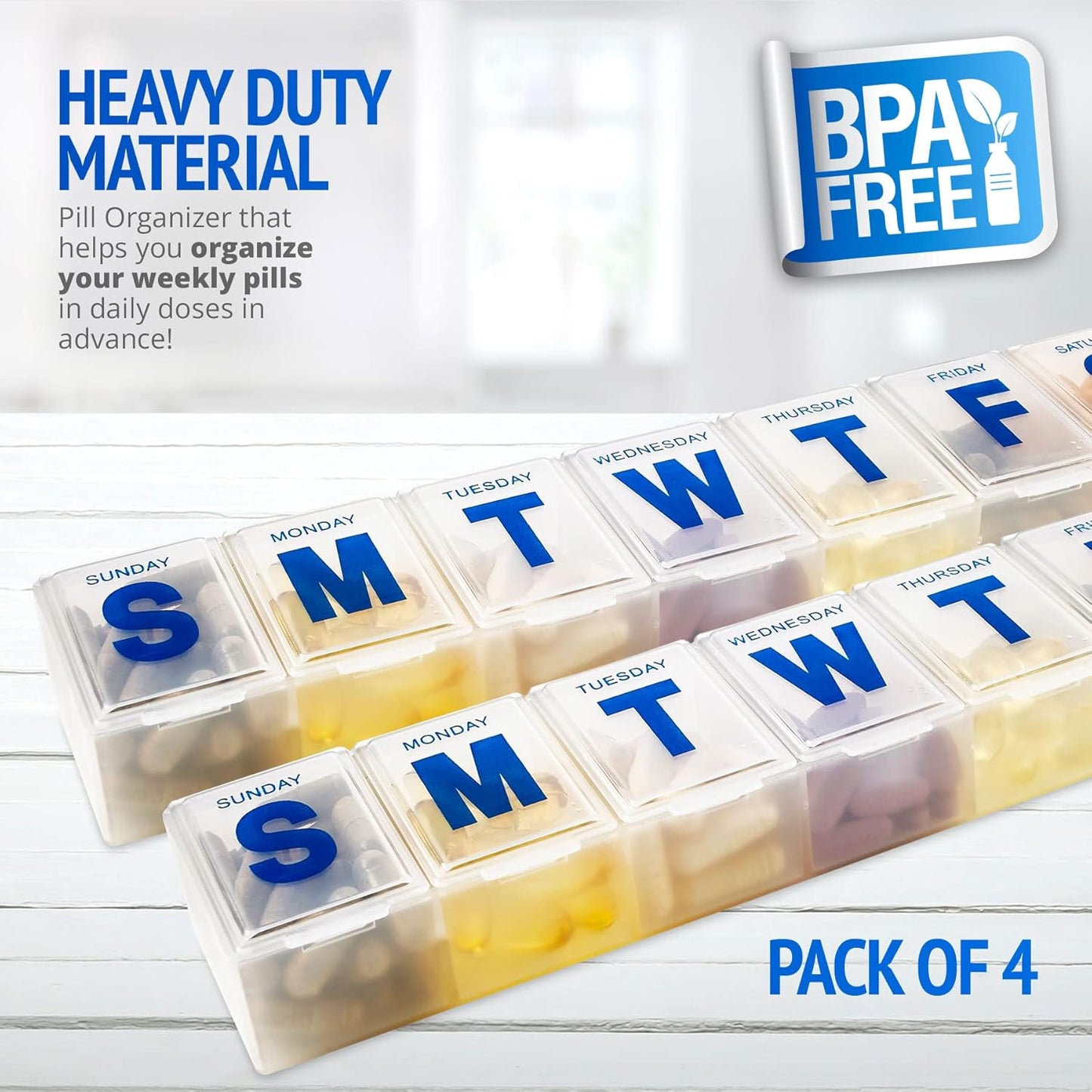 Weekly Pill Organizer - 7-Day Pill Planner Extra Large Pill Planner and Daily Pill Organizer and Medicine Reminder, Monday to Sunday Compartments - BPA Free - Travel Pill Box Case (Pack of 4)