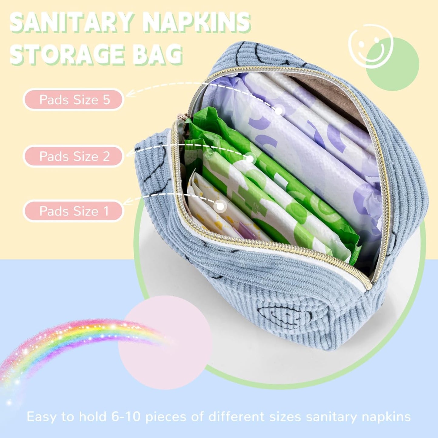 Period Bag for Teen Girls Shark Week Pouch Corduroy Portable Sanitary Pad Bags for Period Teen Period Pads Pouch for Panty Liners, Tampons, Menstrual Cup - Blue