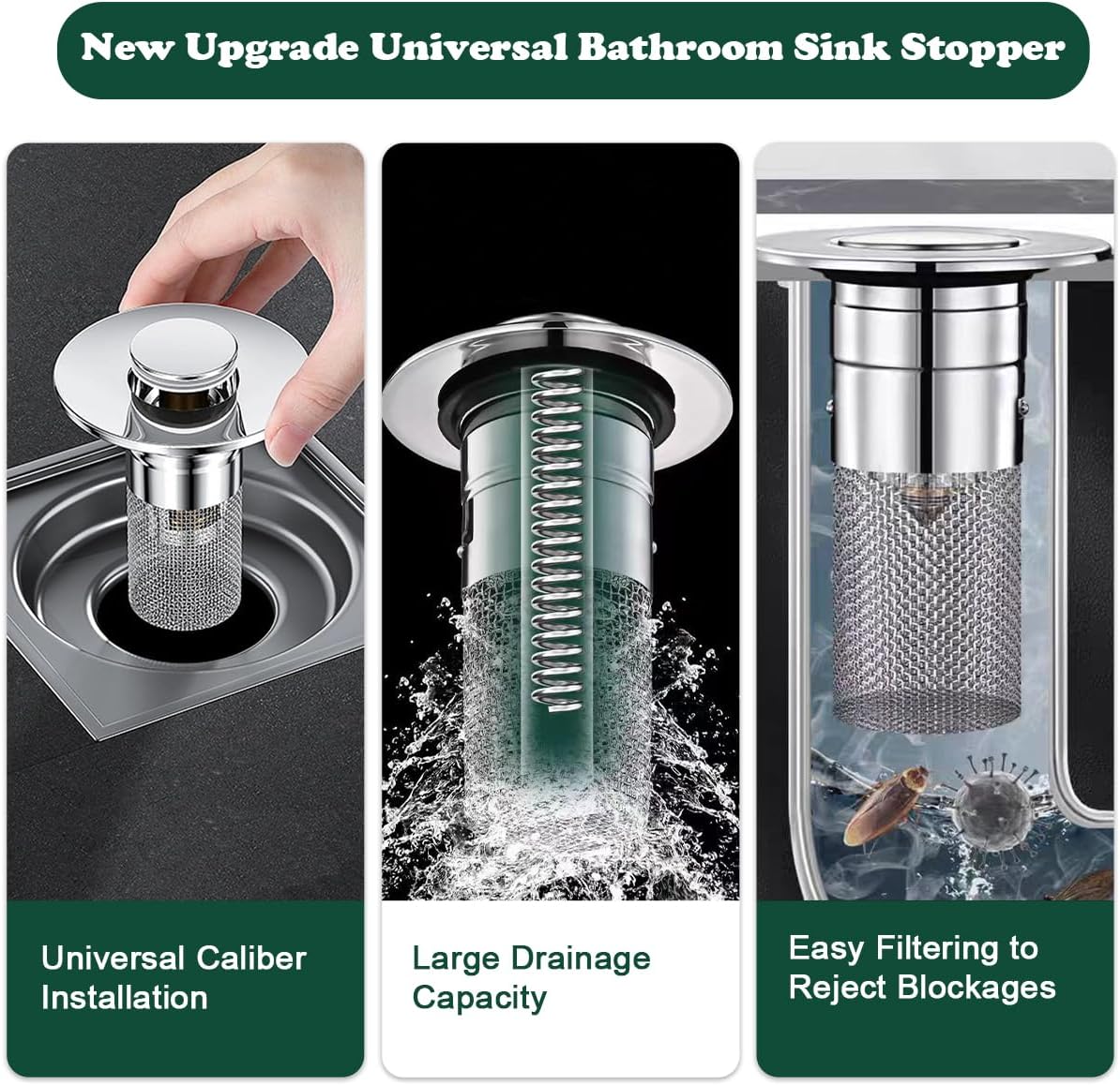 2Pcs Bathroom Sink Stopper for 1.1”-1.3”, Pop Up Sink Drain Filter with Removable Stainless Steel Filter Basket Hair Catcher, for US Universal Kitchen Bathroom Basin Sink Stopper Replacement