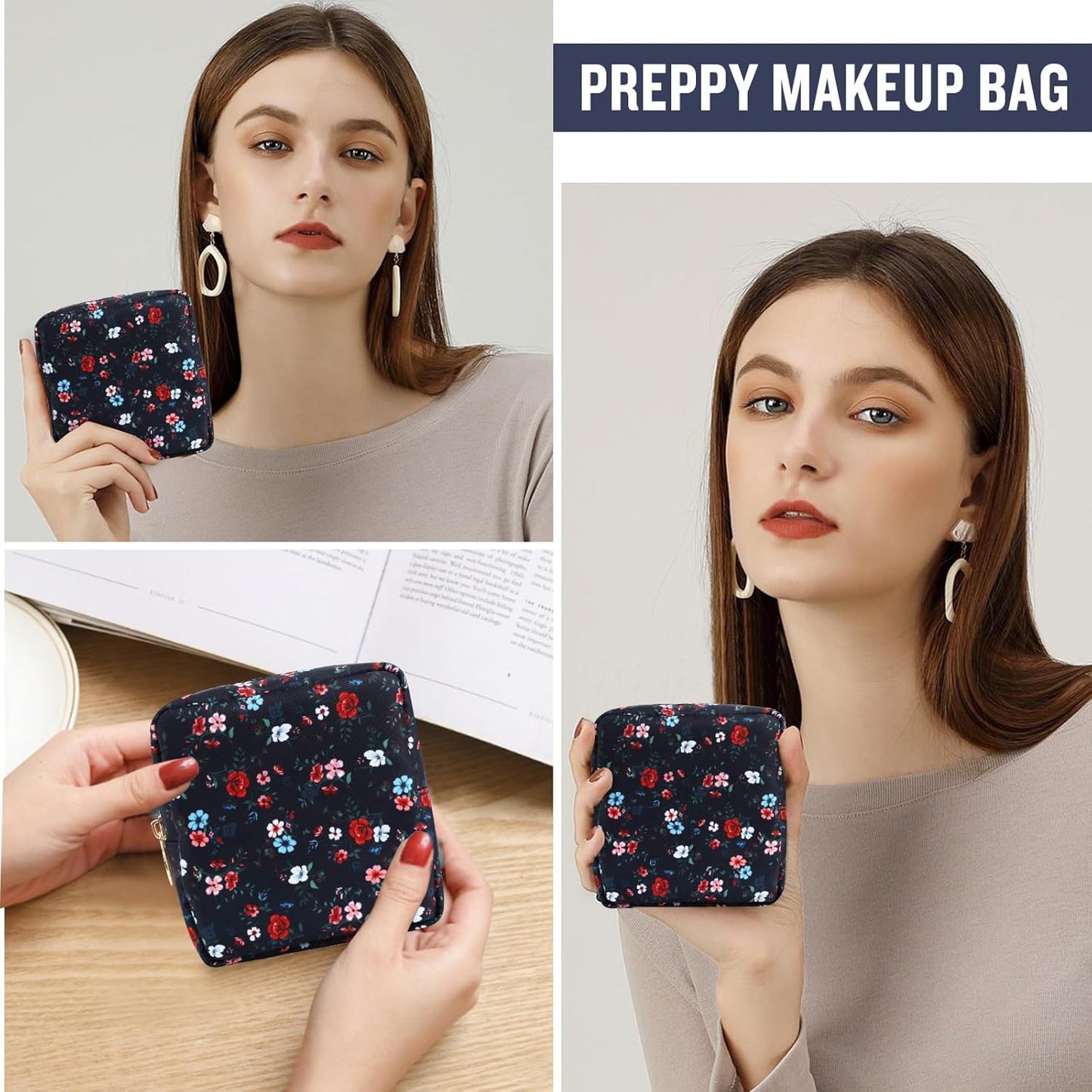Nylon Mini Floral Makeup Bag for Purse, Small Cute Makeup Bag Preppy Cosmetic Zipper Pouch Purse, Waterproof Travel Coin Pouch Sanitary Napkin Storage Bag Makeup Organizer for Women(Navy Blue-Flower)