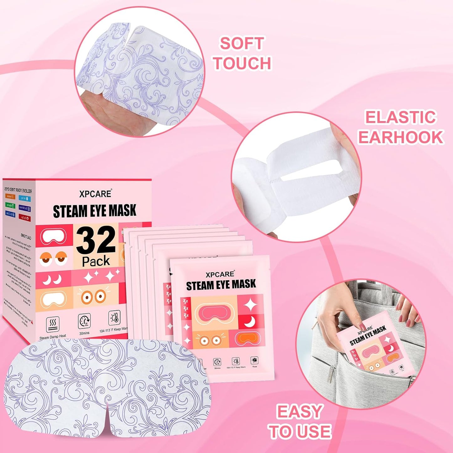 XPCARE 32 Pack Steam Eye Masks for Dry Eyes, SPA Warm Sleep Eye Mask, Disposable Heated Eye Mask for Dark Circles, Puffy Eyes, Relief Stress Eye Fatigue(Rose)