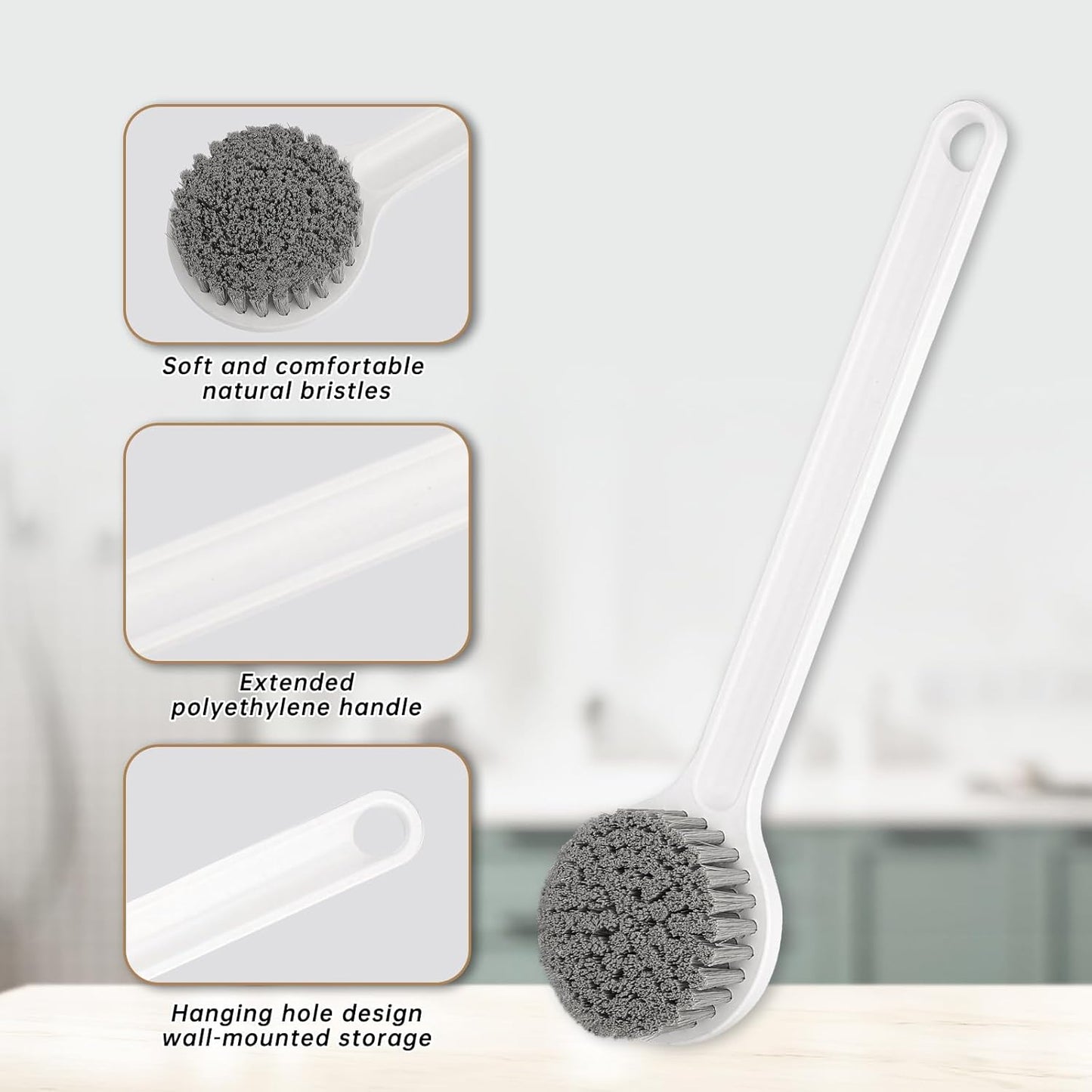 Shower Brush with Soft Nylon Bristles, Long Handle Shower Bath Brush, Back Scrubber for Shower, Body Exfoliator for Wet or Dry Brushing