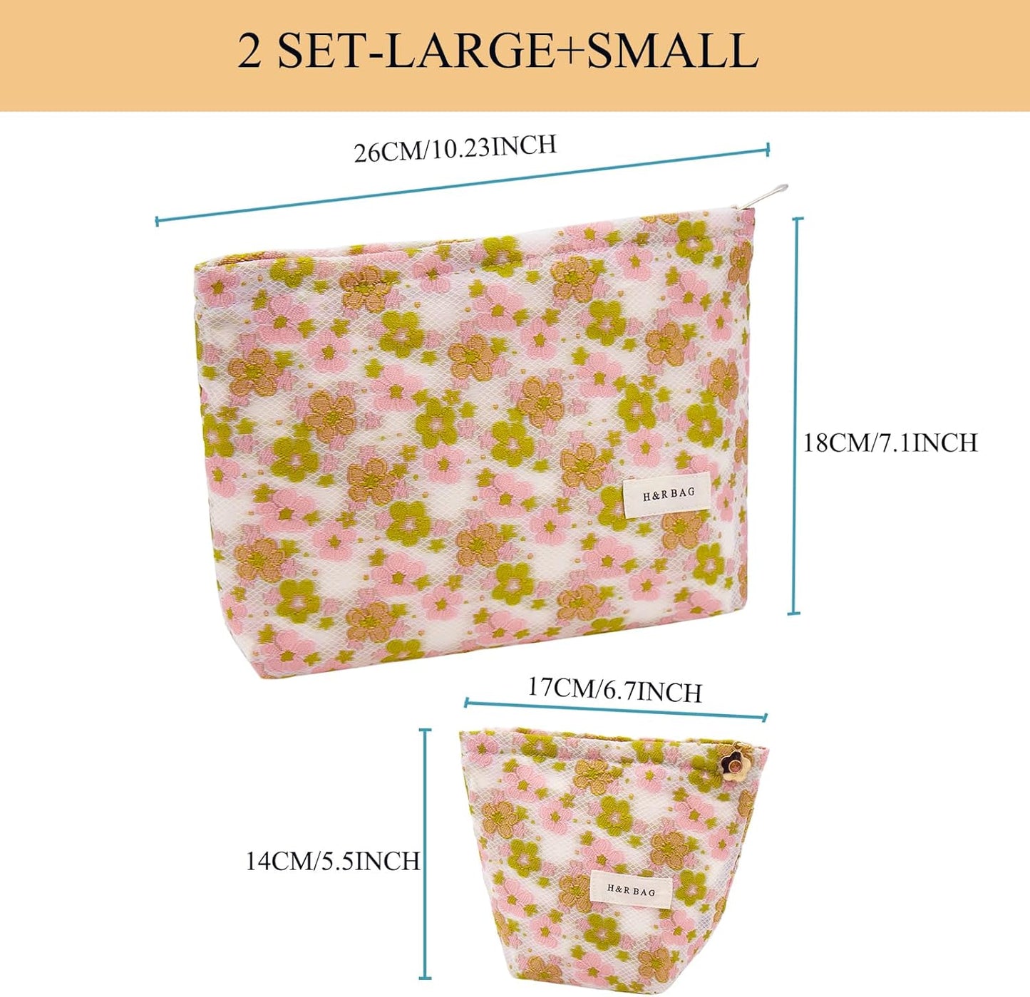 2 Pcs Makeup Bags, Large Cosmetic Bag Travel Toiletry Bag Organizer for Women, Embroidery Craft, Floral Makeup Bag Small Cosmetic Pouch Purse with Zipper Gifts for Girls Teen