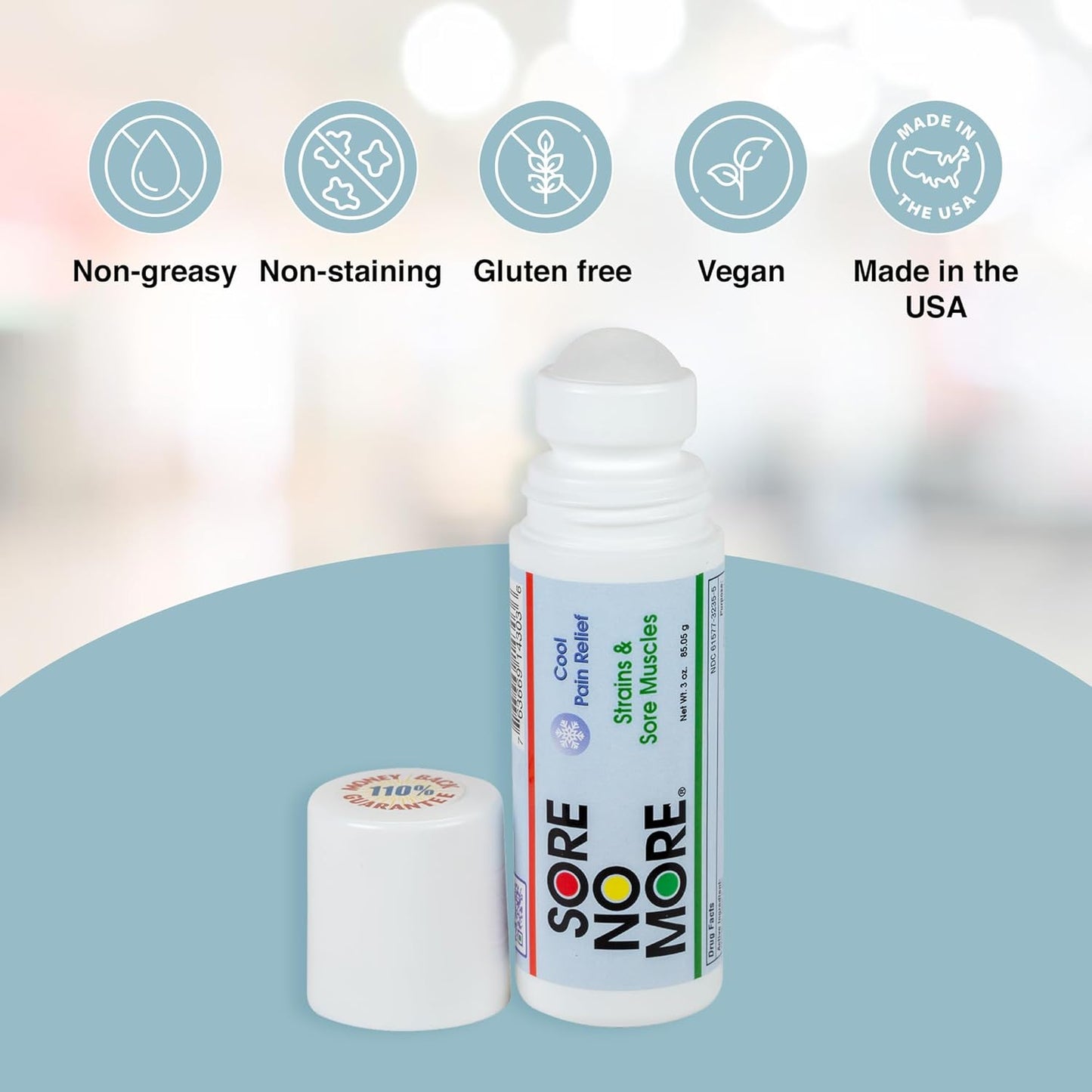 Sore No More Cool Relieving Gel for Aches & Pains in Muscles & Joints associated with Strains, Bruises & Sprains | Absorbs Quickly with a Refreshing Lemon Aroma | 3 oz Roll-On