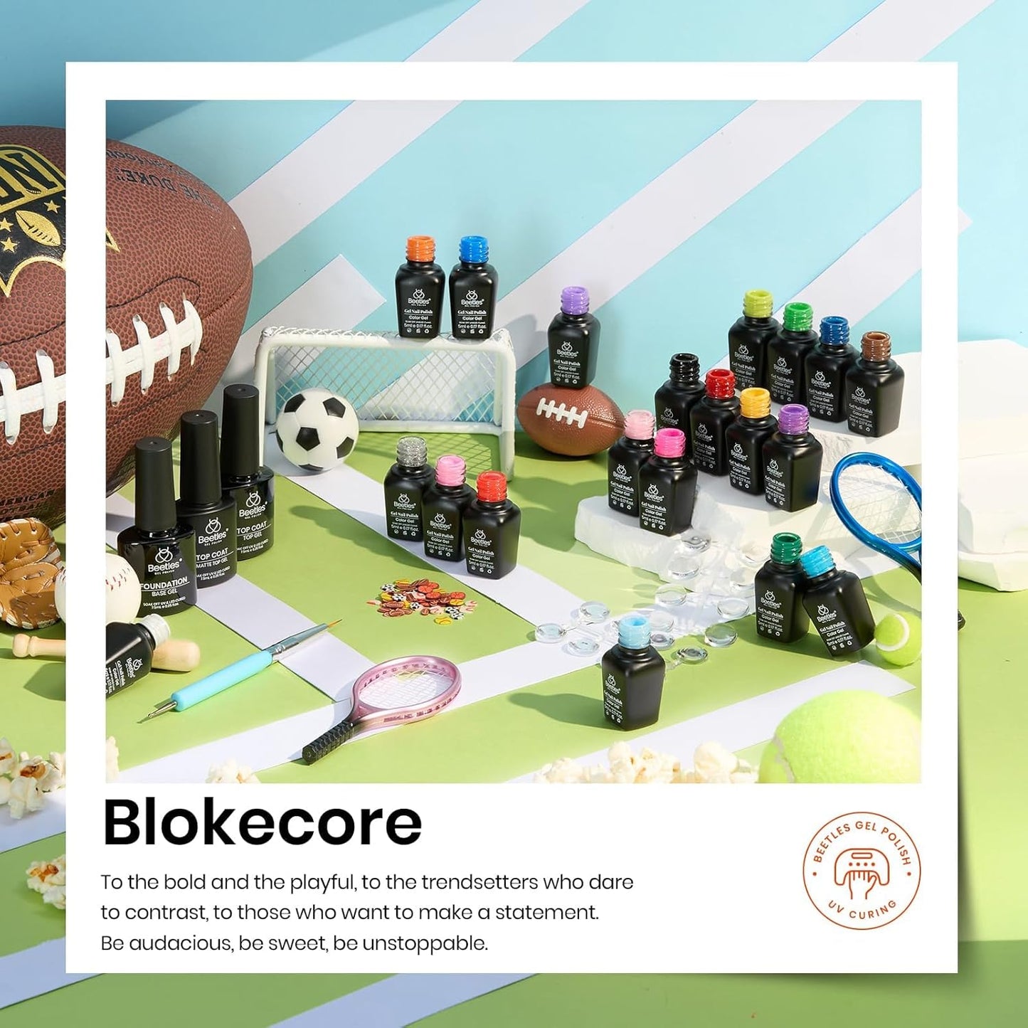 beetles Gel Polish Set, 20 Color Pink Yellow Green Red Blue Gel Nail Polish Blokecore Collection with Sports Nail Charms Base Top Coat and Double-ended Brush DIY Home Rainbow Nails