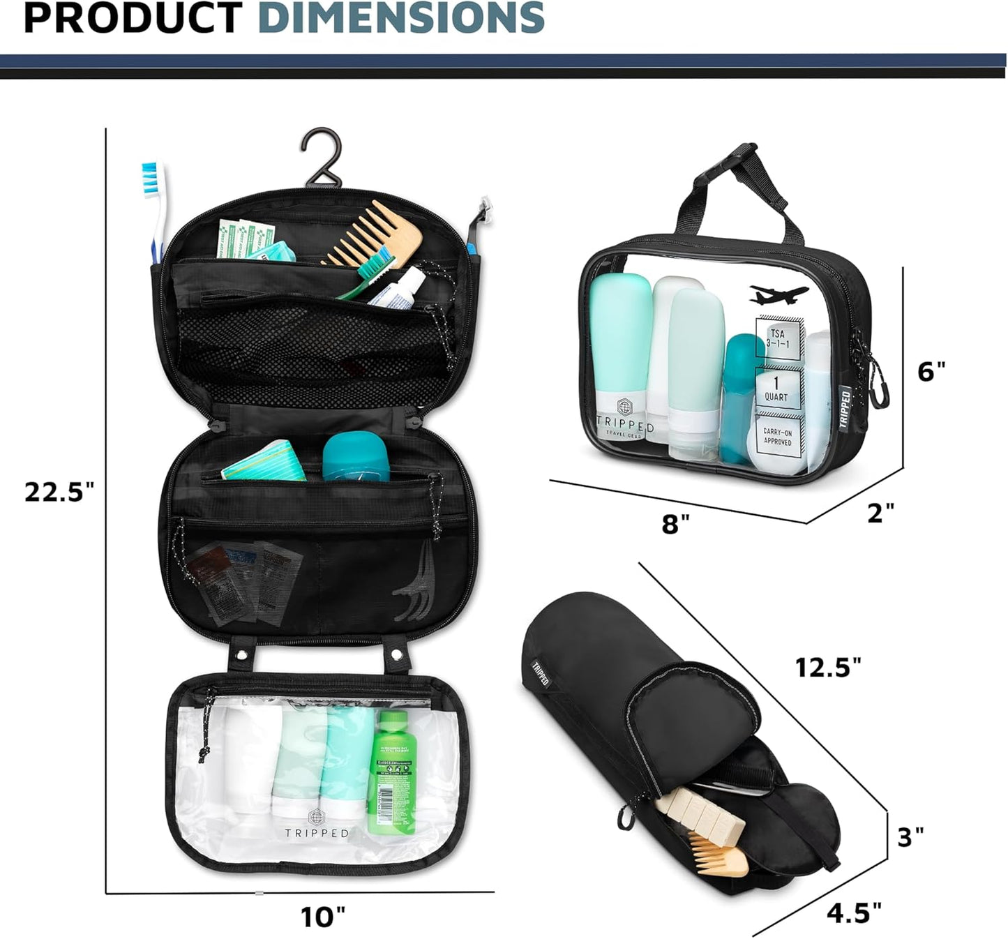 Toiletry Bag Kit Set: Hanging Travel Toiletry Bag + 311 TSA Cosmetic Liquid Bag + Ultralight Accessory Organizer Pouch