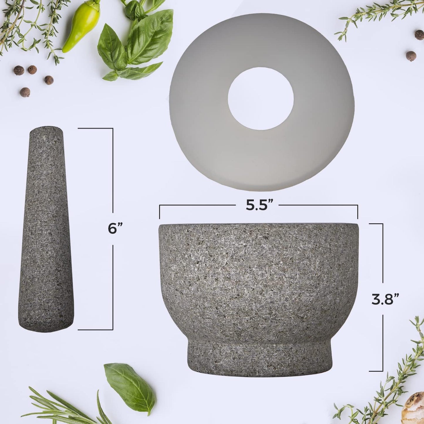 Granite Pill Crusher Set - Easy Grip Non-Slip Stone Muddler & Deep Bowl with Silicone Lid - Mortar and Pestle Grinder for Pills, Tablets, Vitamins and More