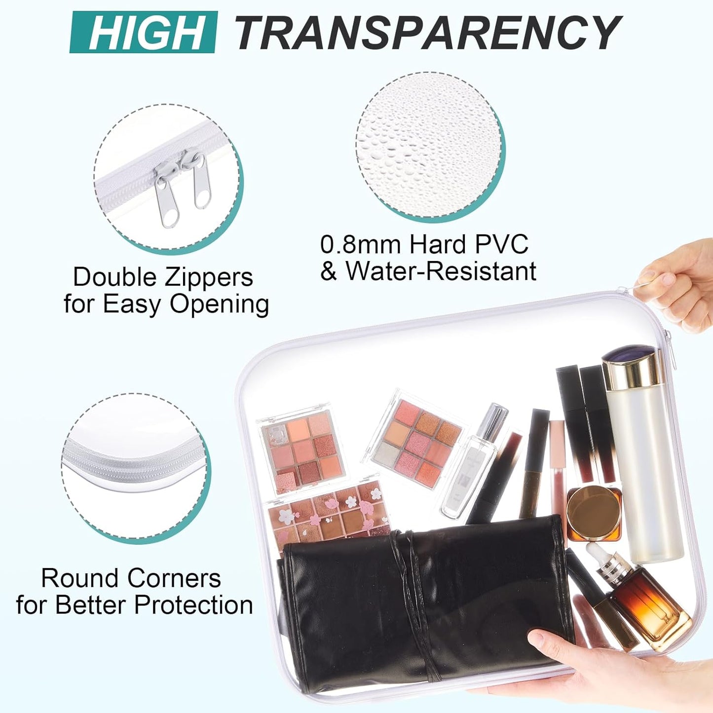 Hoolerry 3 Pcs Clear Hard Zipper Case Plastic Pouch Transparent Hard Case Clear Makeup Bag Portable Travel Organizer Bin for Cosmetics, Building Blocks, Puzzles(White,L)