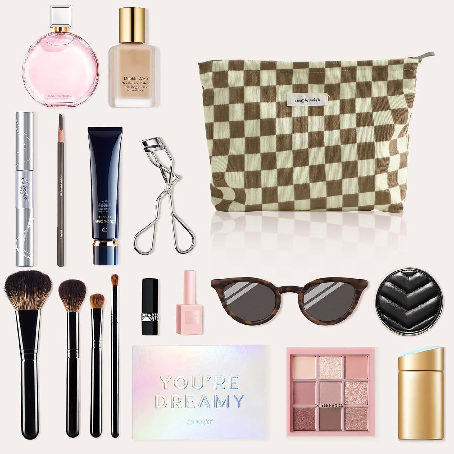 Wudygirl Checkered Makeup Bag Large Capacity Makeup Pouch Travel Cosmetic Pouch for Women Canvas Toiletry Bag Zipper Handbag Aesthetic (Khaki Checkered)