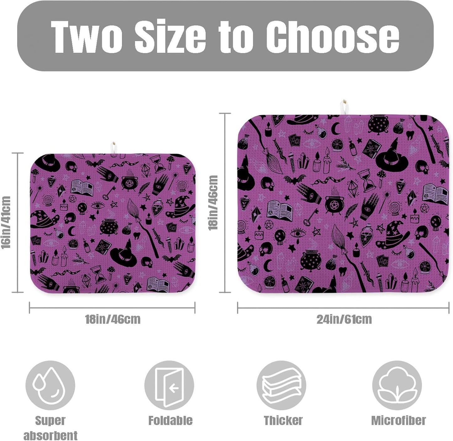 Dish Drying Mat for Kitchen Counter Large 18" x 24" Purple Halloween Witch Absorbent Microfiber Dishes Drainer Rack Mats Pad Reusable Washable