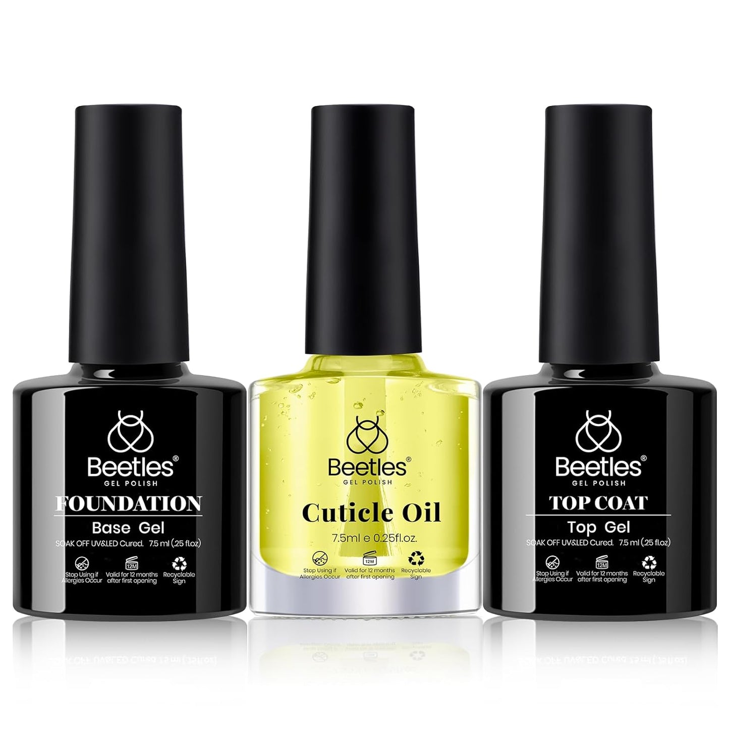Beetles Gel Top Coat Base Coat and Cuticle Oil Set 3Pcs, No Wipe Top Gel Glossy Shine Long Lasting, Cuticle Oil Care for Dry Damaged for Stronger Nails