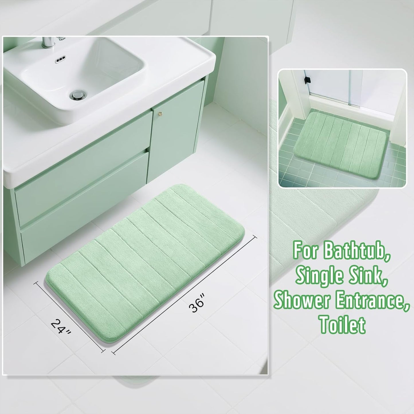 Yimobra Large Bath Mat 36"x24", Super Soft Quick Dry Memory Foam Bathroom Rug, Water Absorbent, Non Slip Backing Machine Washable for Tub Shower, Thick Comfort Support, Pale Green