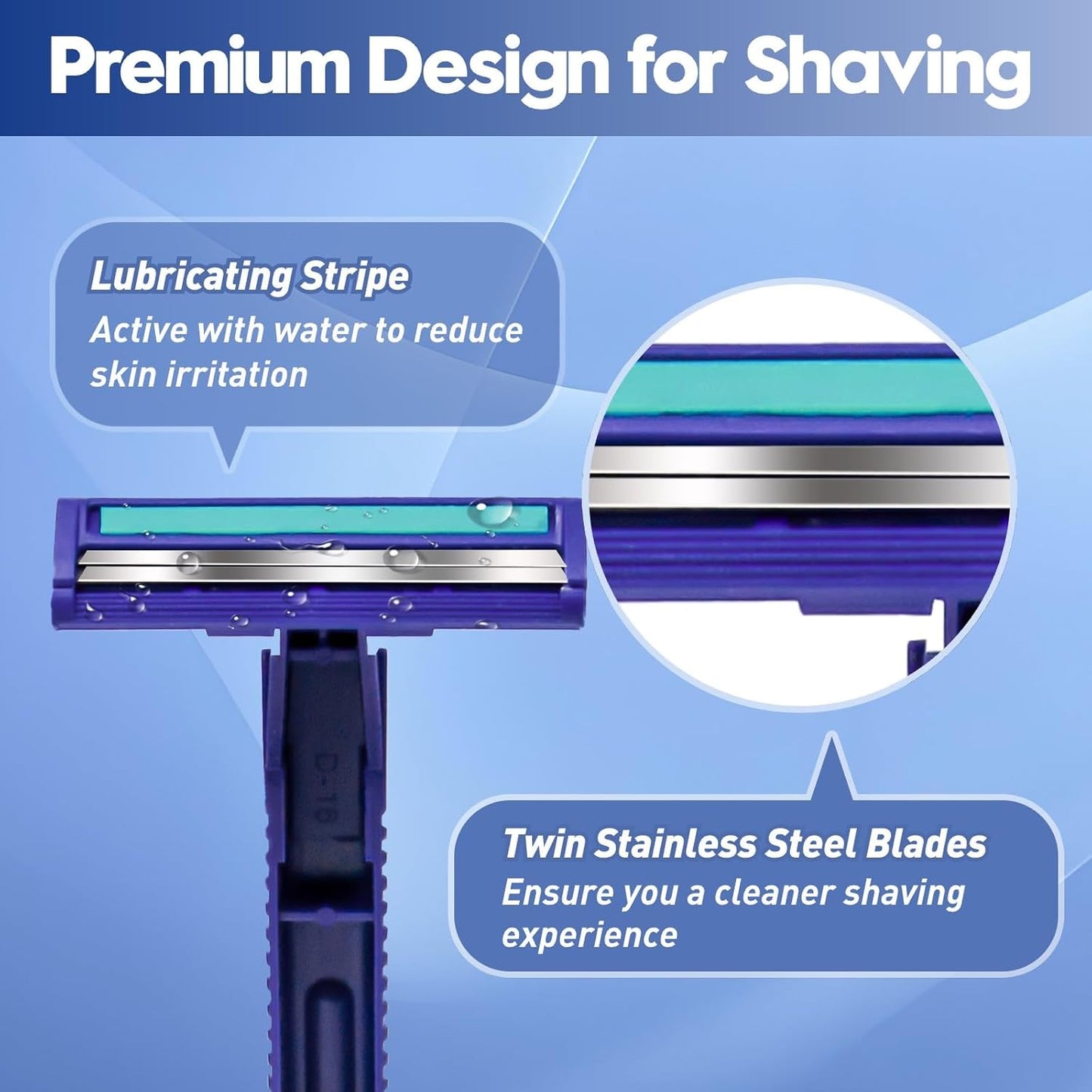 Twin Blade Disposable Razors for Men & Women – 60 Pack Bulk Stainless Steel Shavers with Lubricating Strip & Safety Cap, Non-Slip Handle for Sensitive Skin, Travel, Hotel, Charity (Blue)