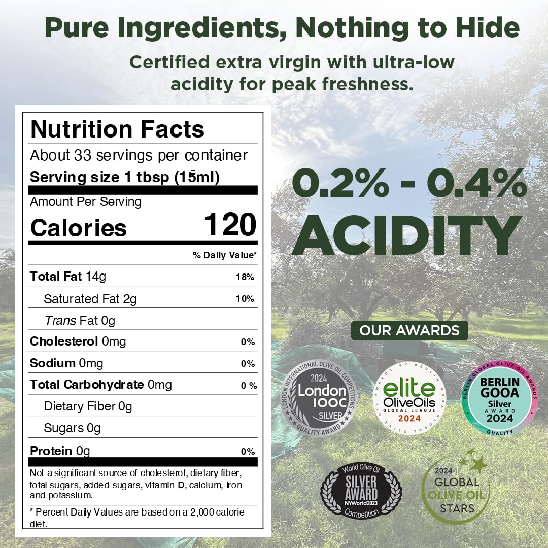 Mánamu Ultra Premium Extra Virgin Olive Oil · 2023 NYIOOC SILVER AWARD · 100% Koroneiki Variety from GREECE · Cold Pressed · Low Acidity · 16.9 Fl Oz (500 ML)